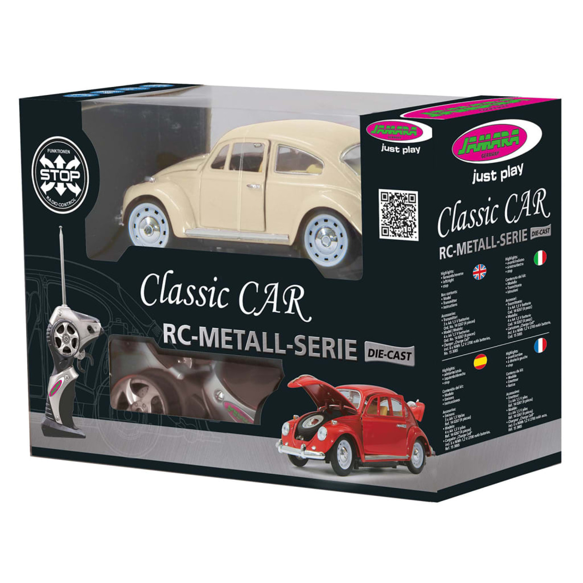 Spielzeugauto im Karton. Ein beiges Oldtimer-Modell ist sichtbar. Die Box enthält Text und Bilder des Autos.