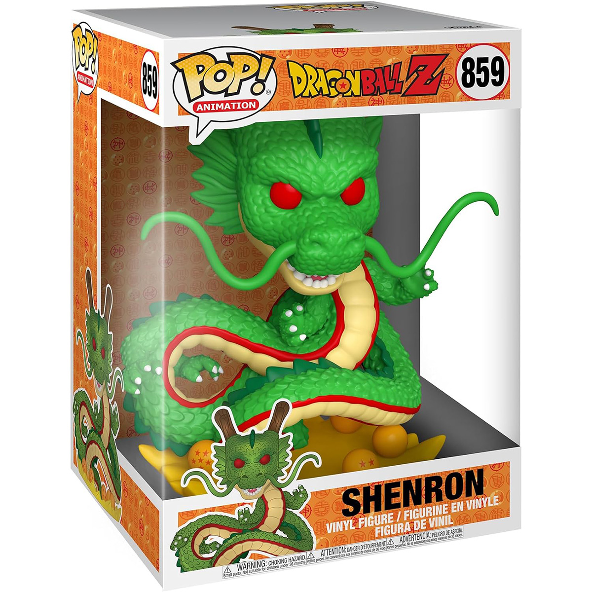 Shenron Dragon Ball Z Figur in ihrer Box. Grüner Drache mit roten Augen. Orangefarbene Box mit Text und Logo.
