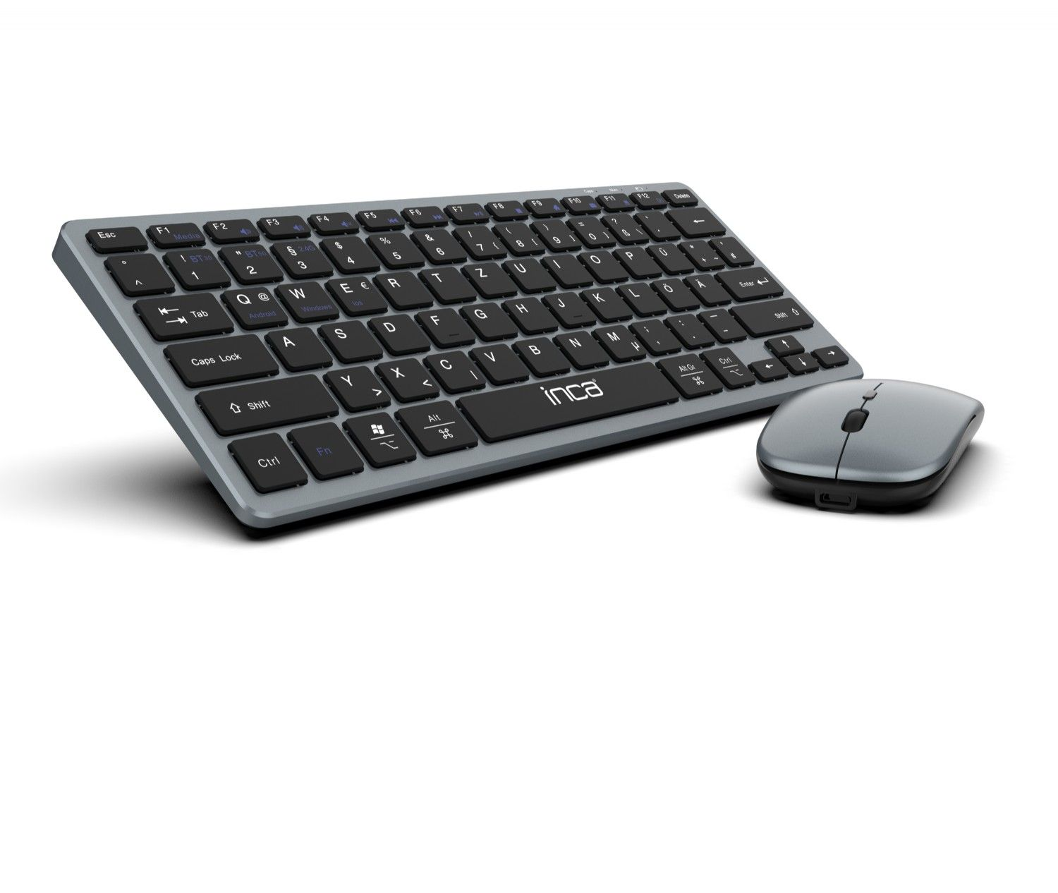 Eine graue Tastatur- und Maus-Kombination auf weißem Hintergrund.