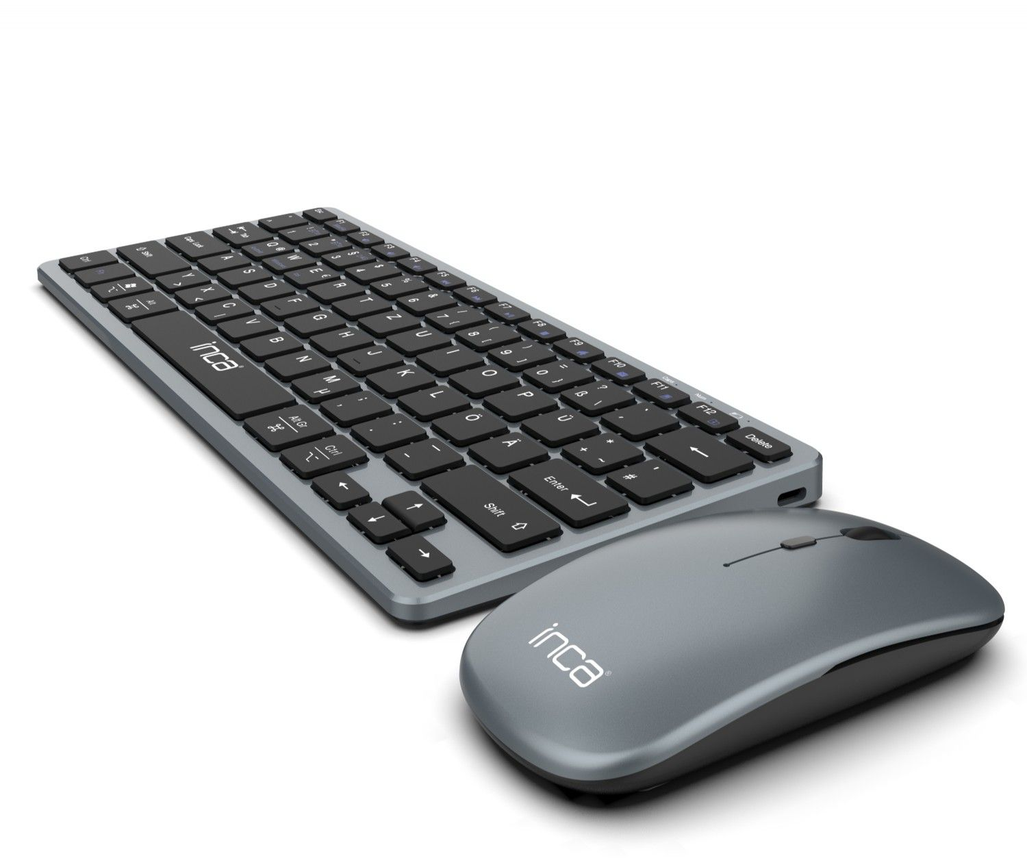 Ein graues Tastatur- und Maus-Set. Die Tastatur ist flach und die Maus ist abgerundet.