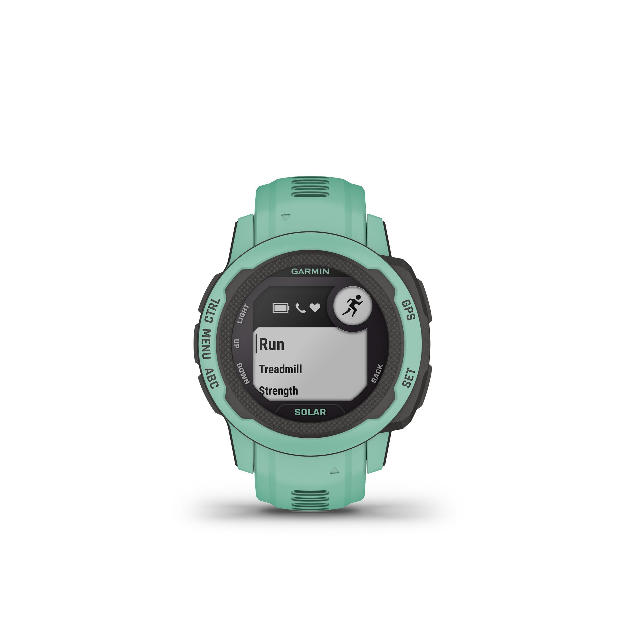 Eine mintfarbene Smartwatch, die eine Laufaktivität anzeigt. Verfügt über einen Touchscreen und Aktivitätsoptionen.