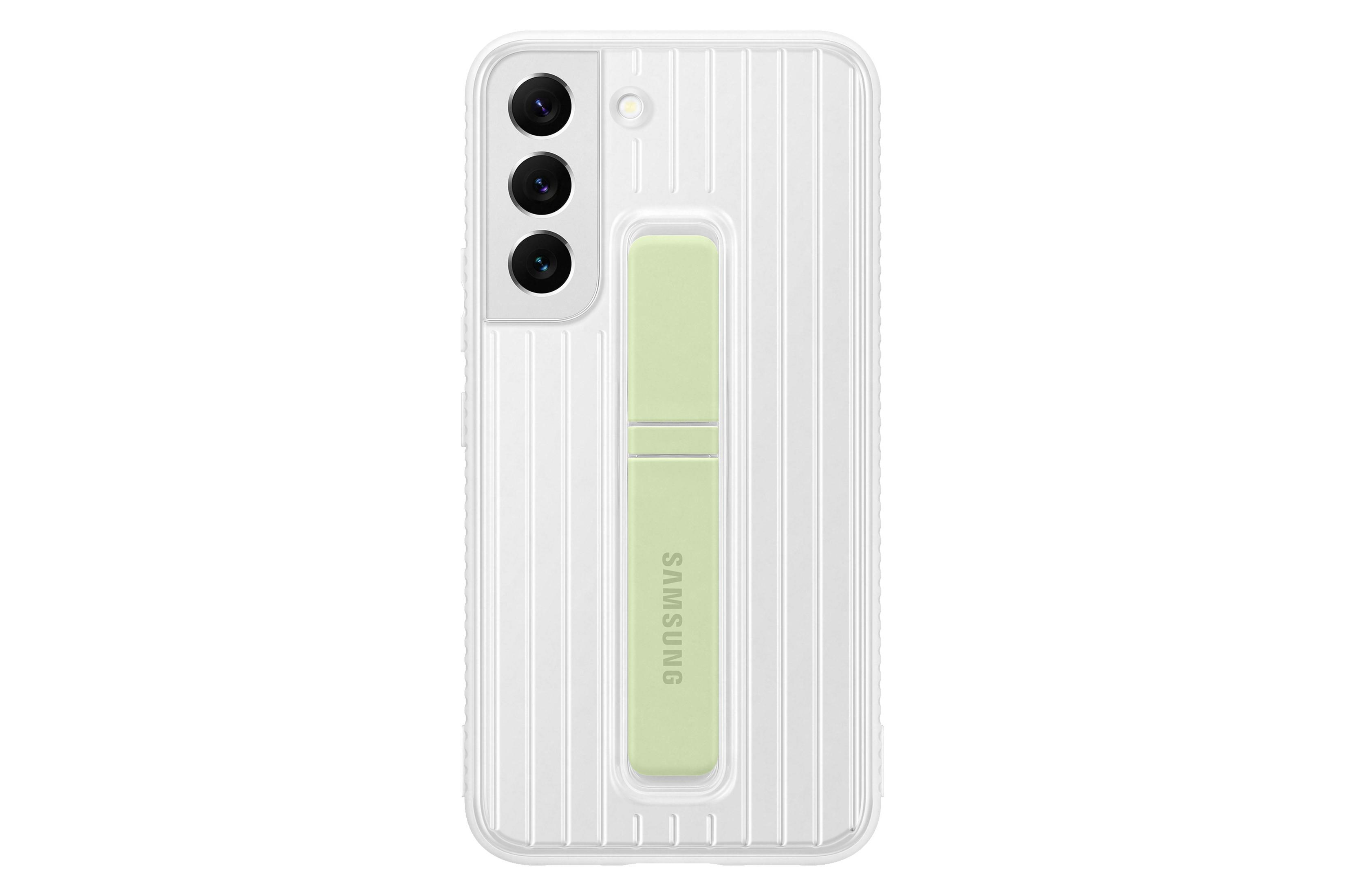 Funda transparente con soporte verde claro. Líneas verticales y fondo blanco.