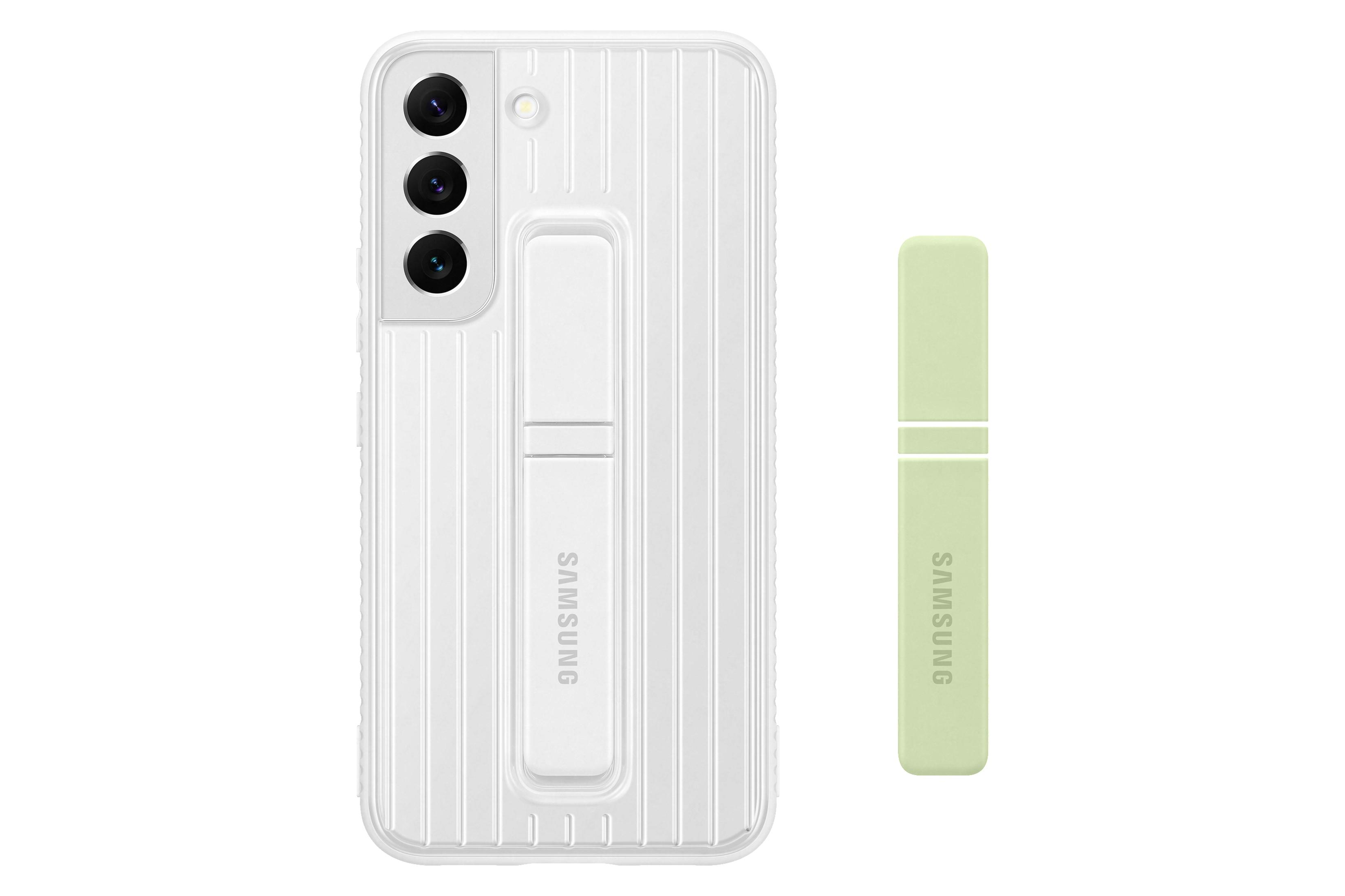 Funda blanca para teléfono Samsung con teléfono y lápiz óptico verde claro separado.