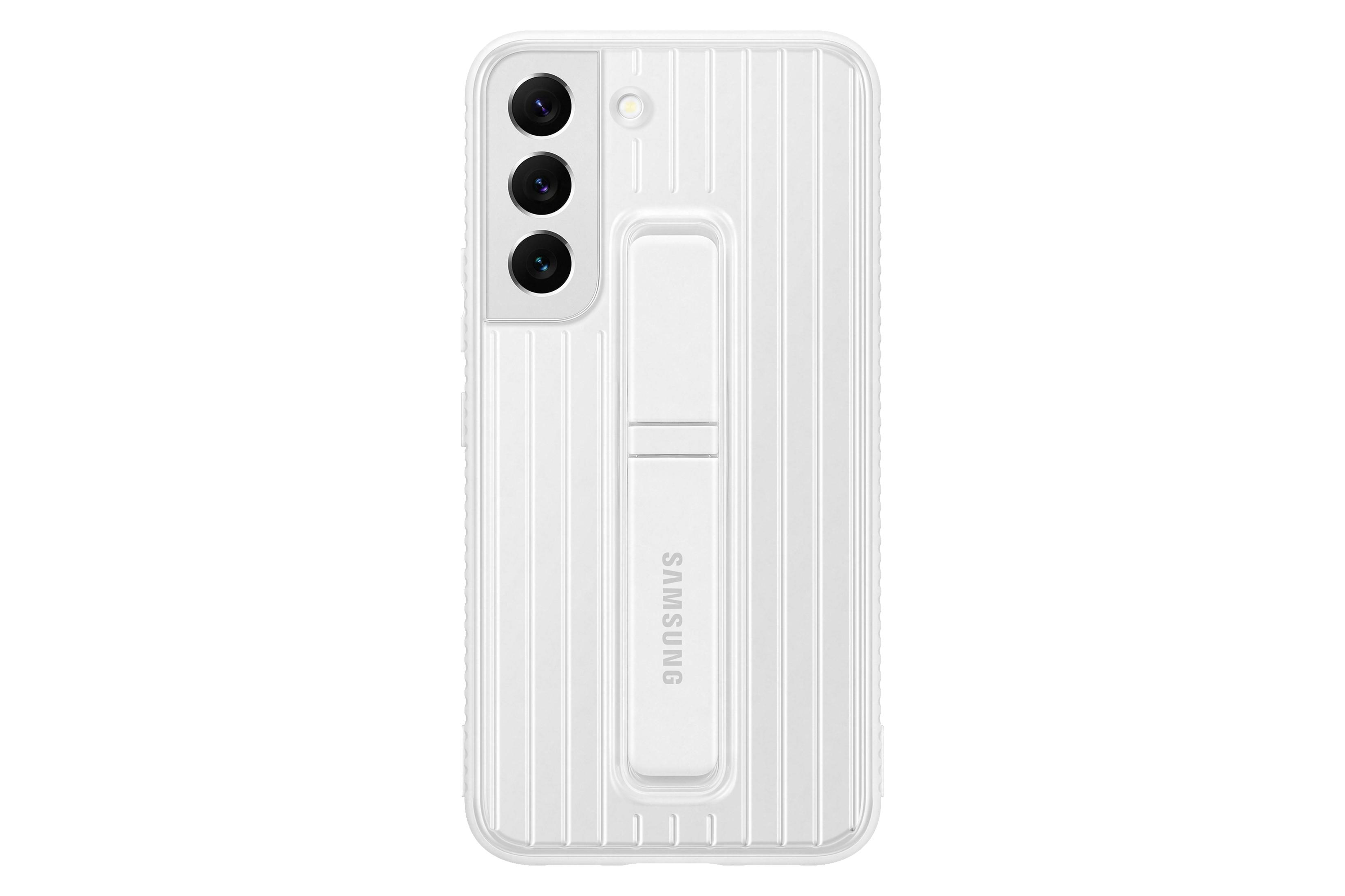 Funda blanca para teléfono con soporte y tres lentes sobre blanco.