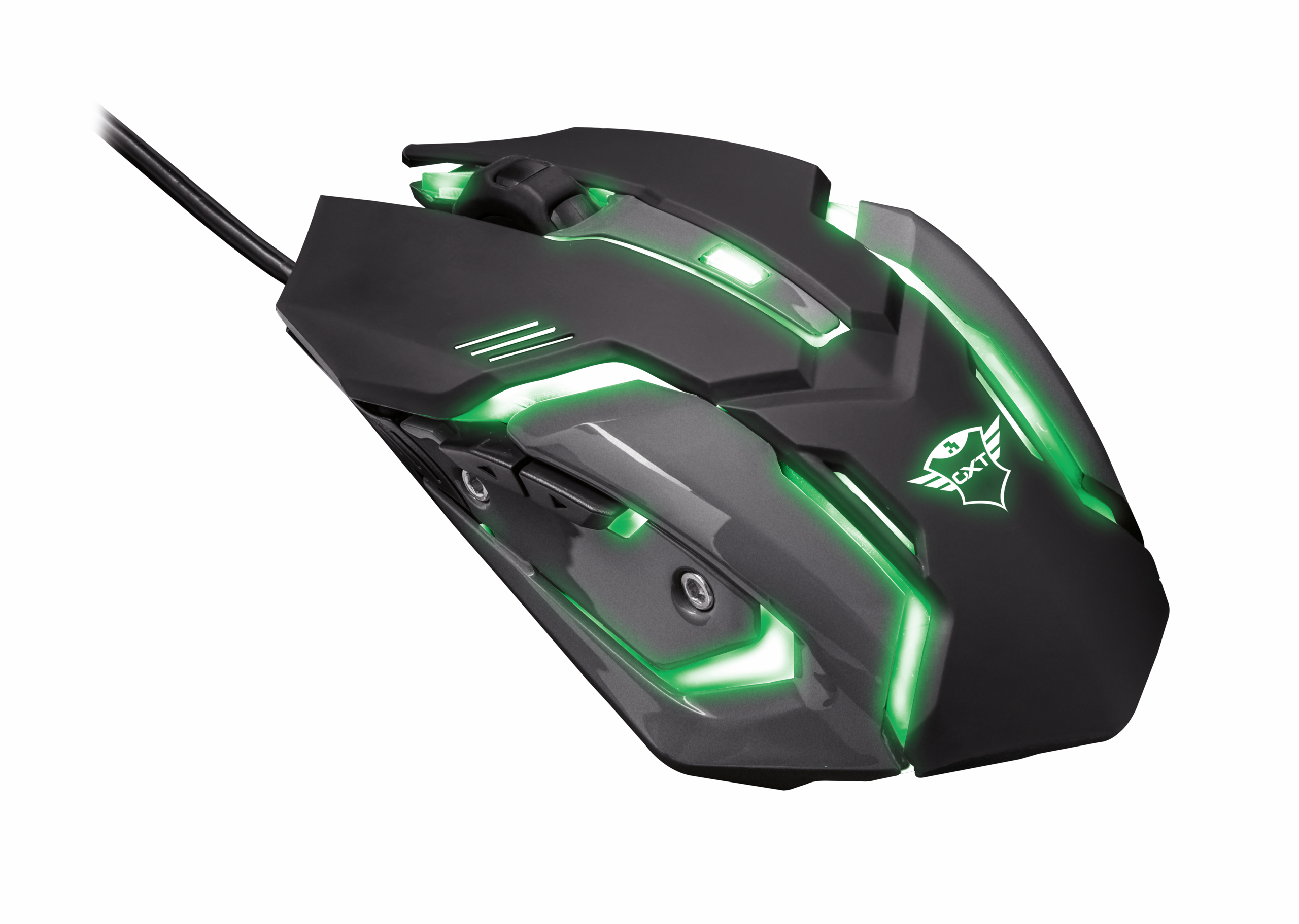 Ratón gaming negro y gris con luces verdes. Presenta el logo TRUST.