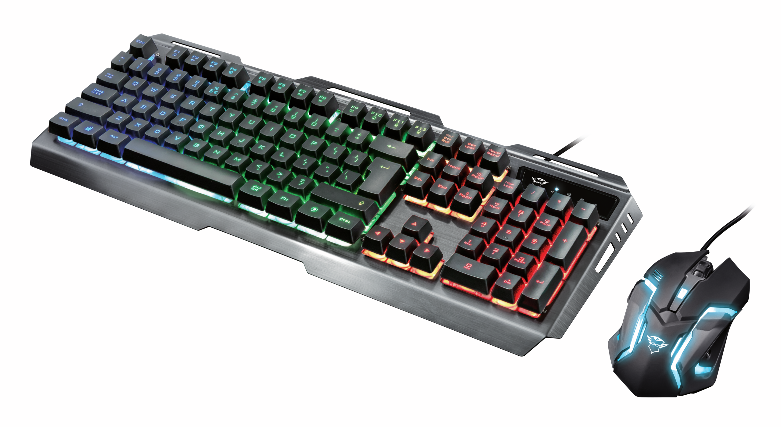 Un combo de teclado y ratón para juegos con luces de colores sobre un fondo blanco.