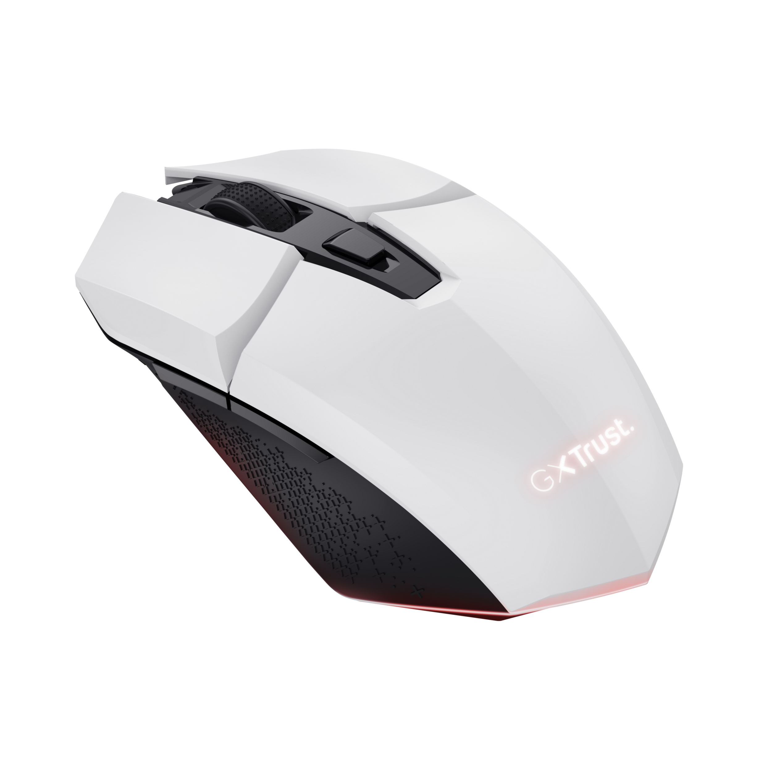 Weiße und schwarze Gaming-Maus. Verfügt über ein schlankes Design mit rotem Licht und GXtrust-Branding.