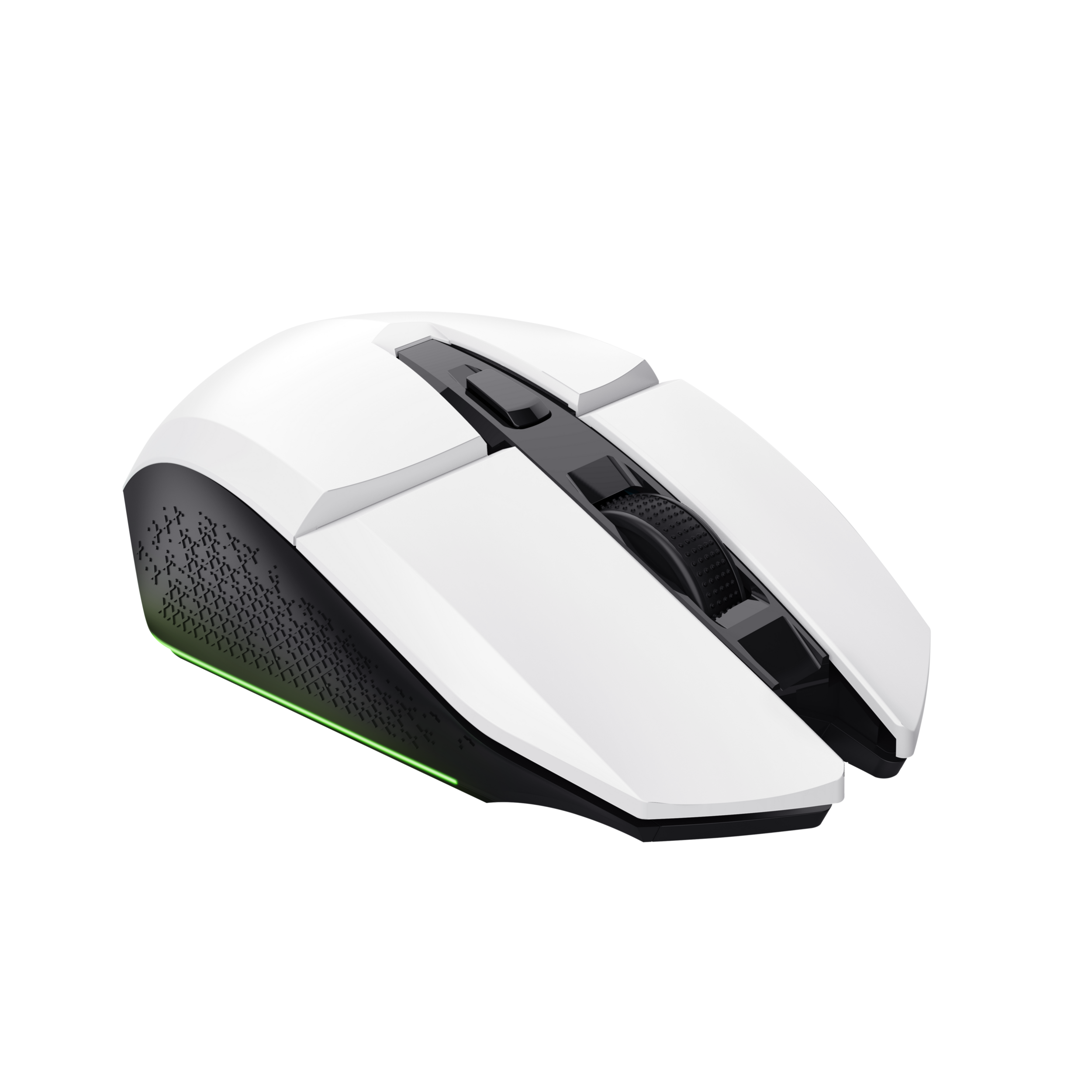 Eine weiße und schwarze Gaming-Maus mit grünem Lichtstreifen auf schwarzem Hintergrund.