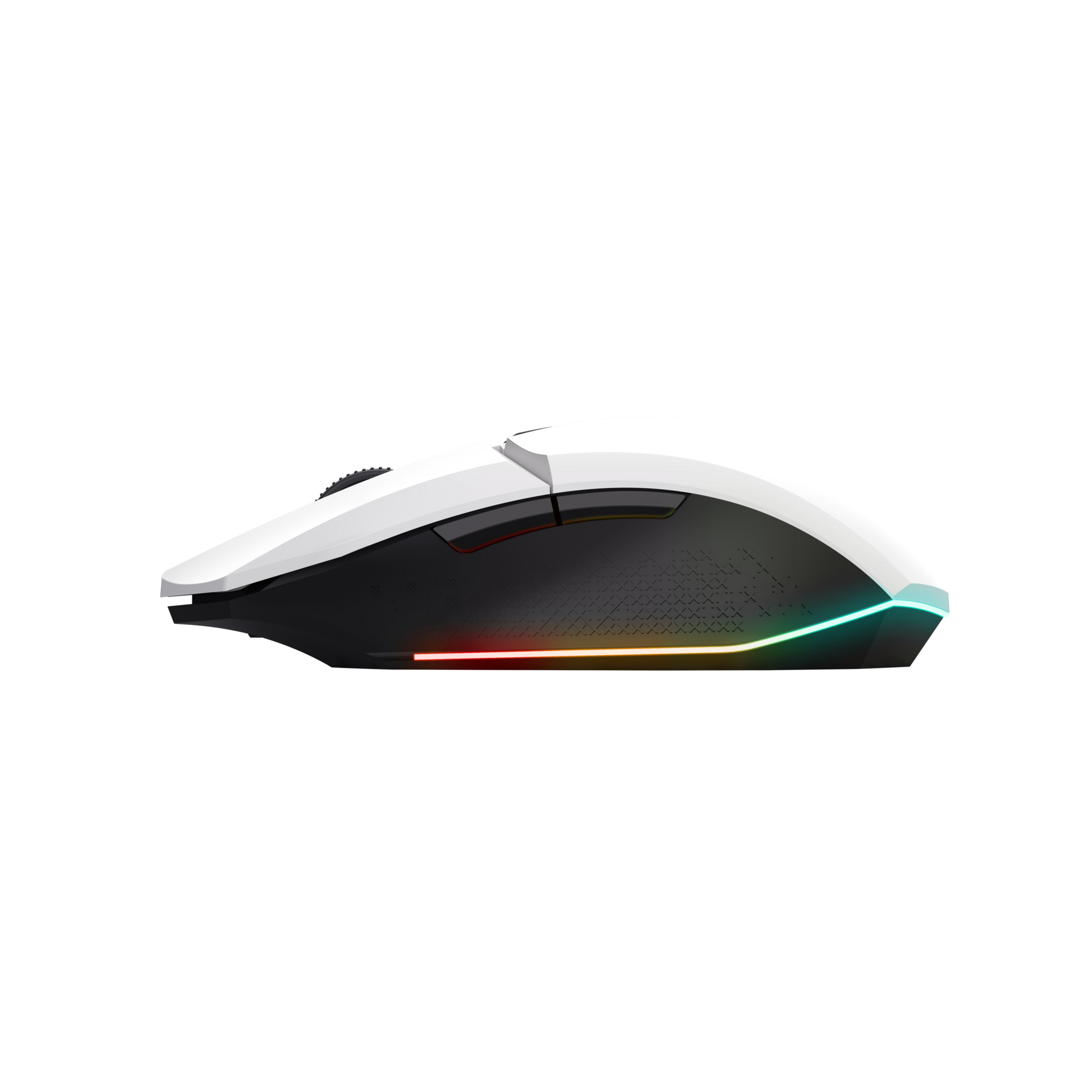 Weiße und schwarze Gaming-Maus mit roter, gelber und grüner Beleuchtung. Schwarzer Hintergrund.