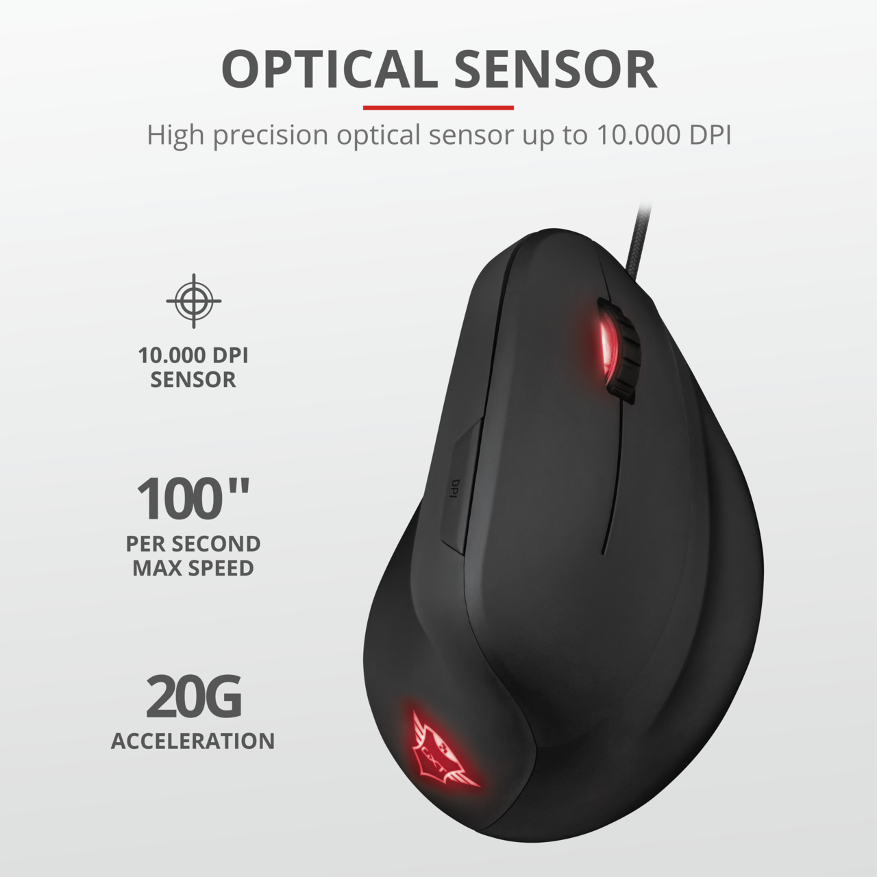 Czarna ergonomiczna mysz z czerwonymi akcentami. Obecny tekst o DPI i przyspieszeniu.