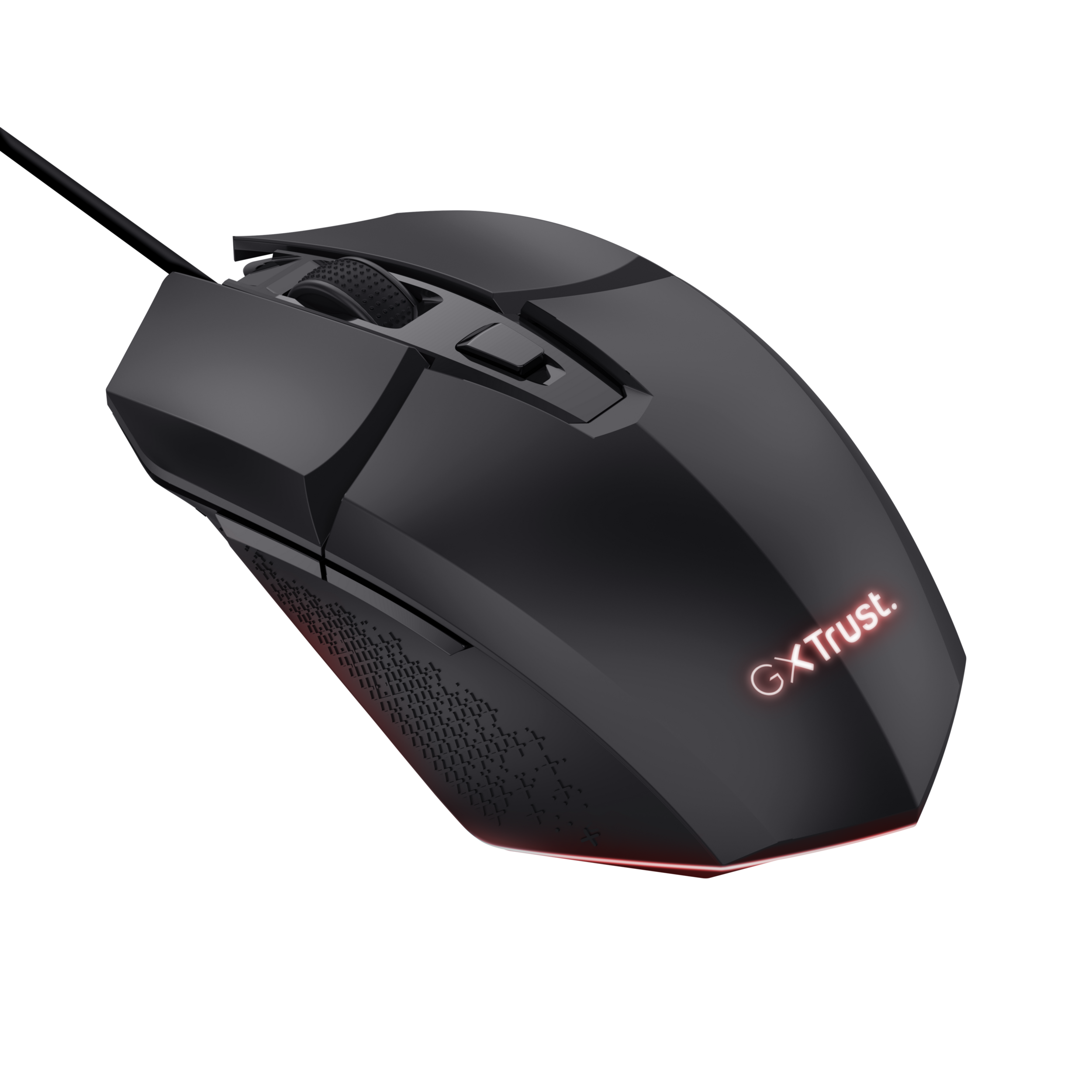 Schwarze Gaming-Maus mit roten Akzenten. Mit Scrollrad, Tasten und Logo.