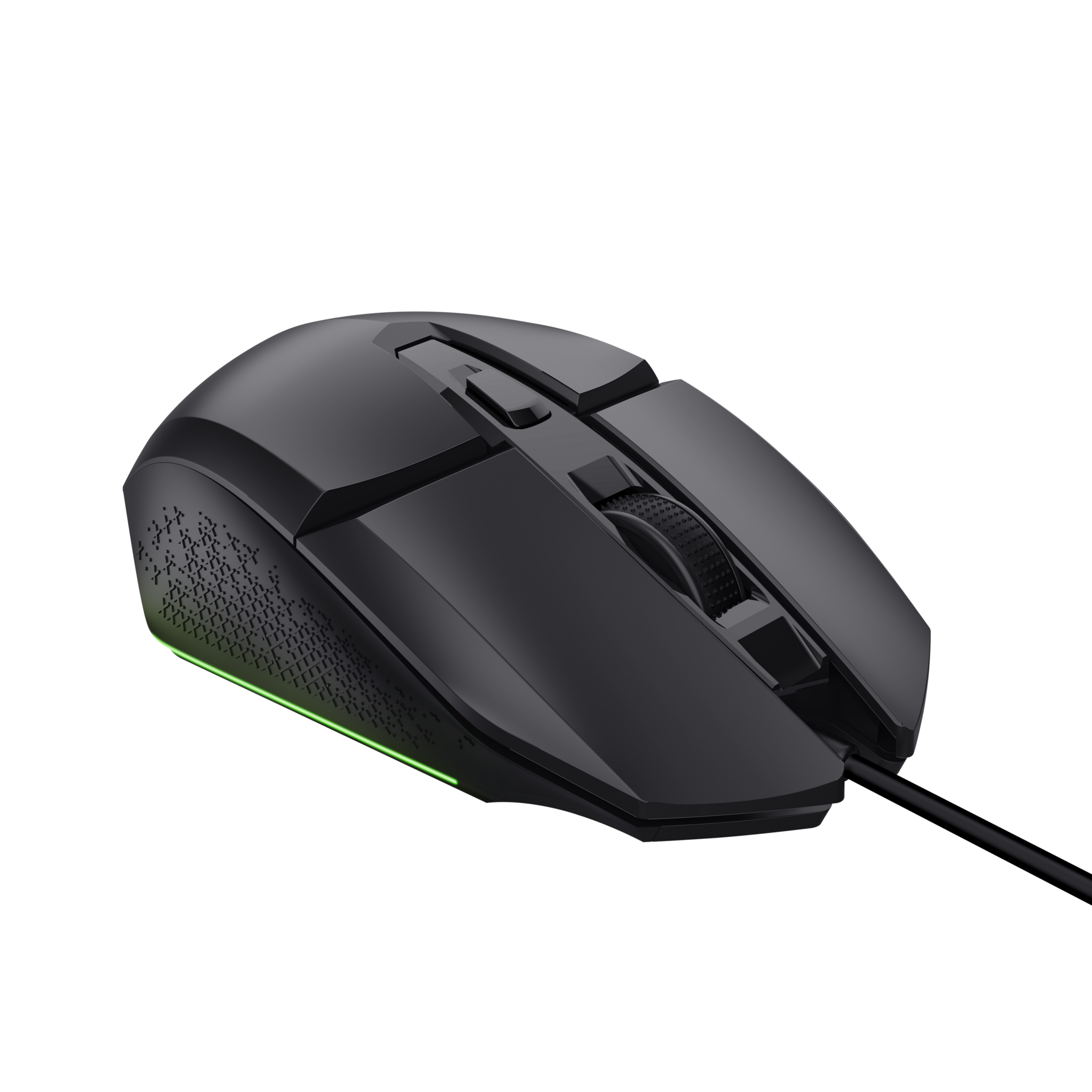 Eine schwarze Gaming-Maus mit grünem LED-Licht an der Unterseite. Sie hat Tasten und ein Scrollrad.