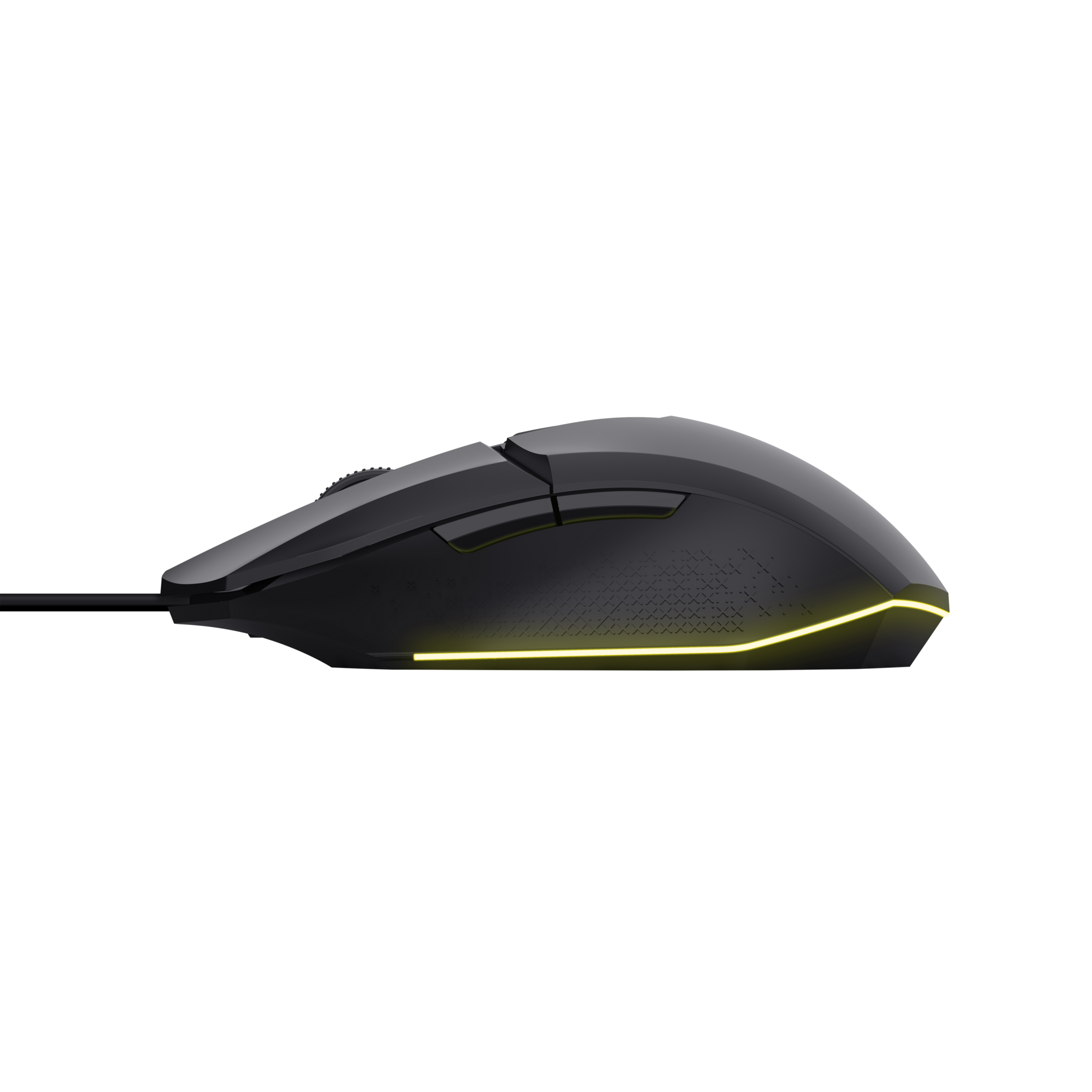 Schwarze Gaming-Maus mit gelbem Licht, Seitenansicht, auf schwarzem Hintergrund.
