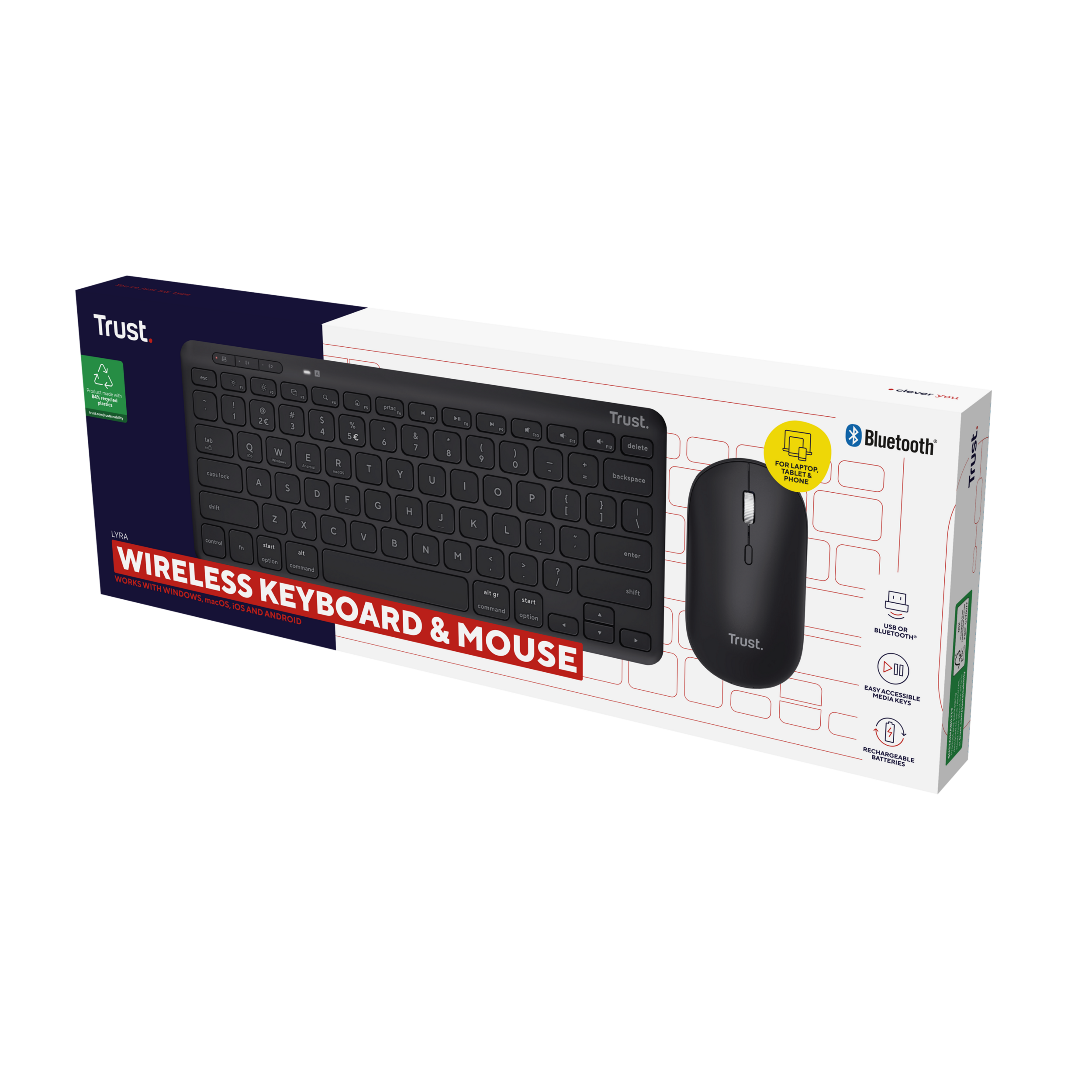 Pudełko z czarnym zestawem klawiatury i myszy, z marką i tekstem.