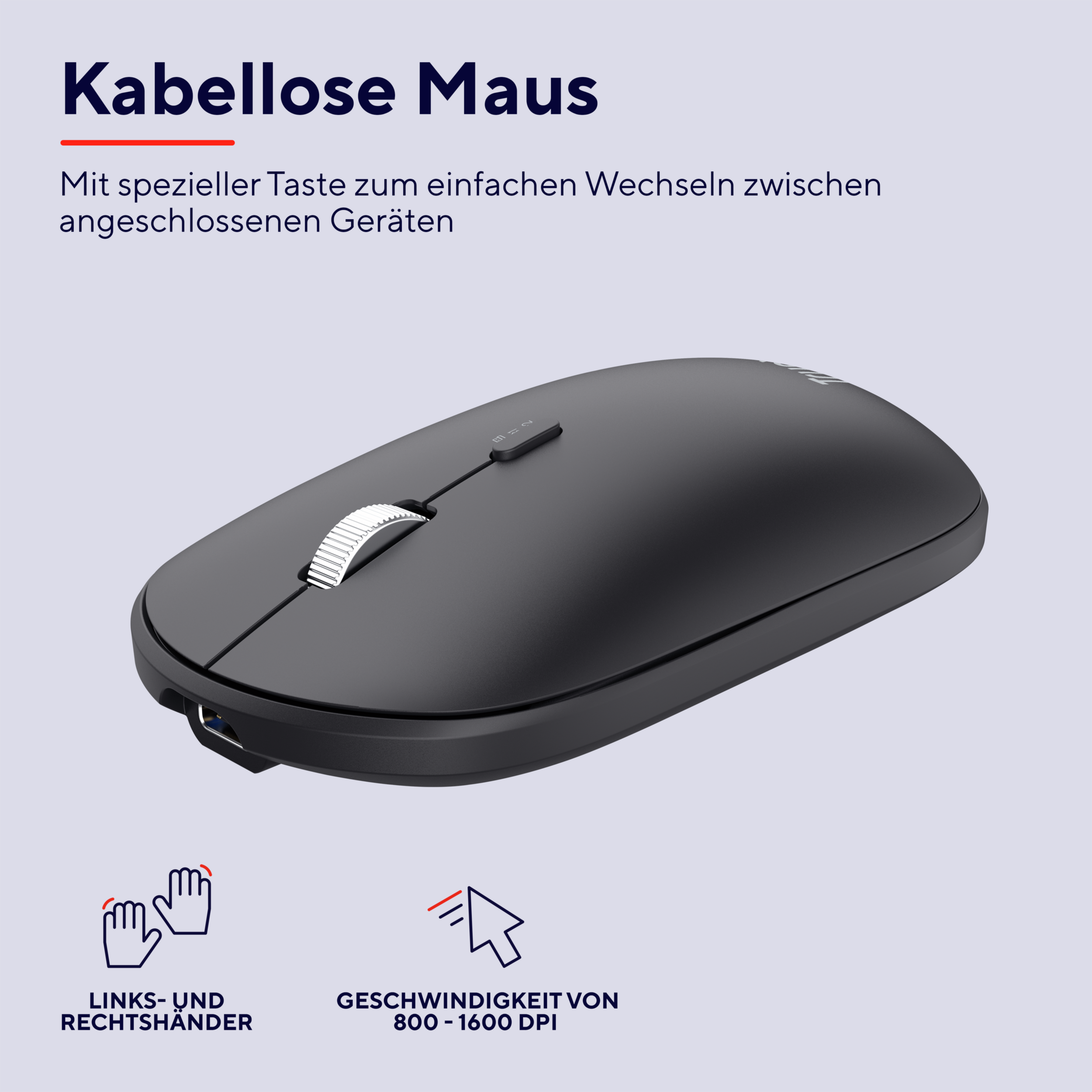 Mysz bezprzewodowa, ciemnoszara. Ma kółko przewijania i dwa boczne przyciski.