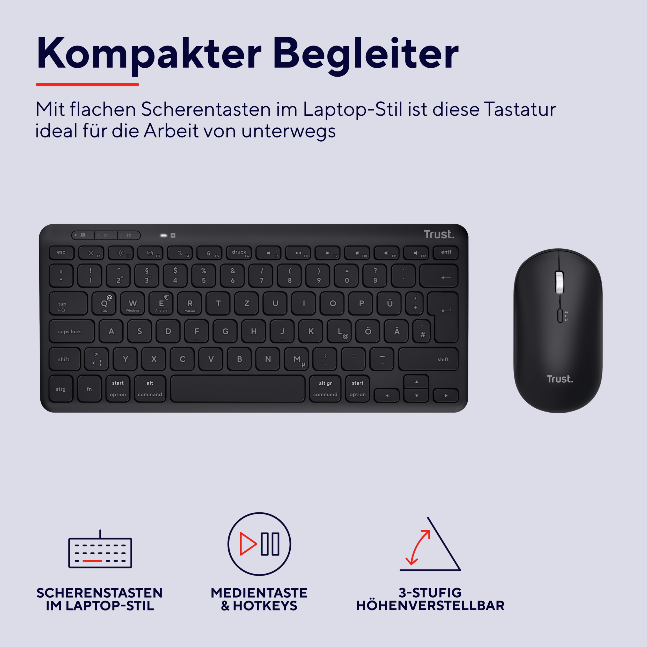 Czarna klawiatura i mysz na ciemnym tle. Klawiatura jest kompaktowa i ma klawisze nożycowe.