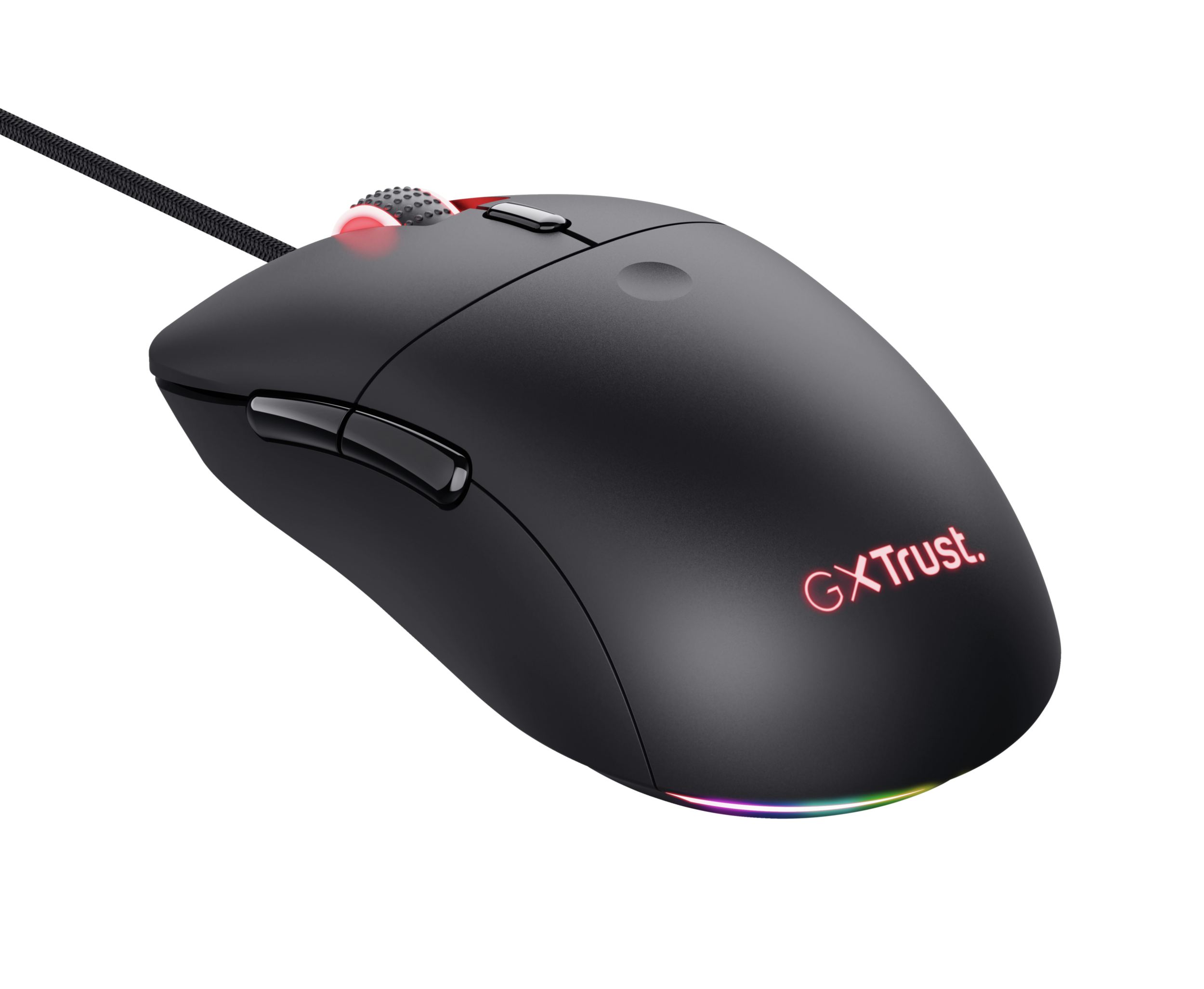 A black gaming mouse with side buttons, a scroll wheel, and a logo that glows red.