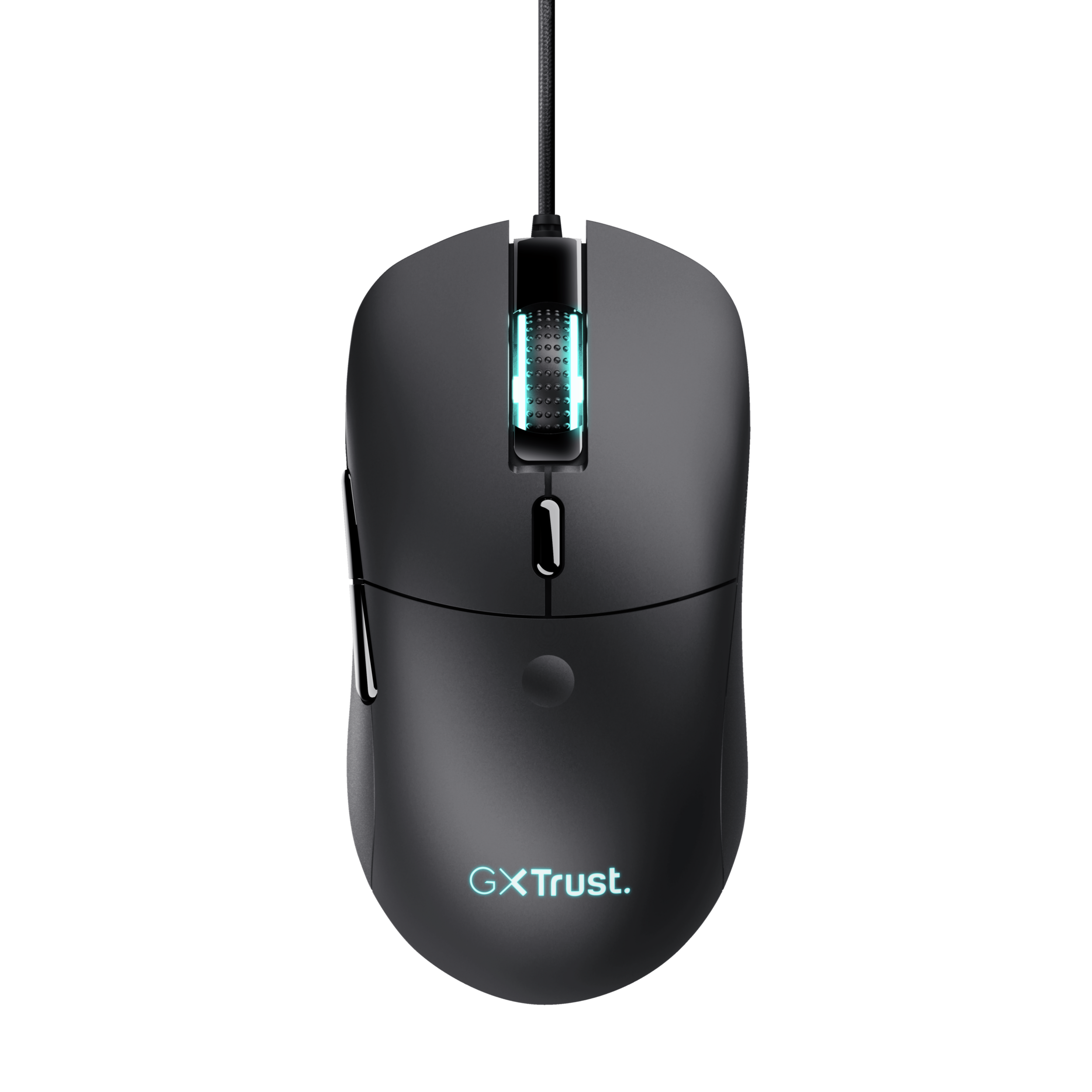 A black gaming mouse with a cord. It has a logo and lights on the side.