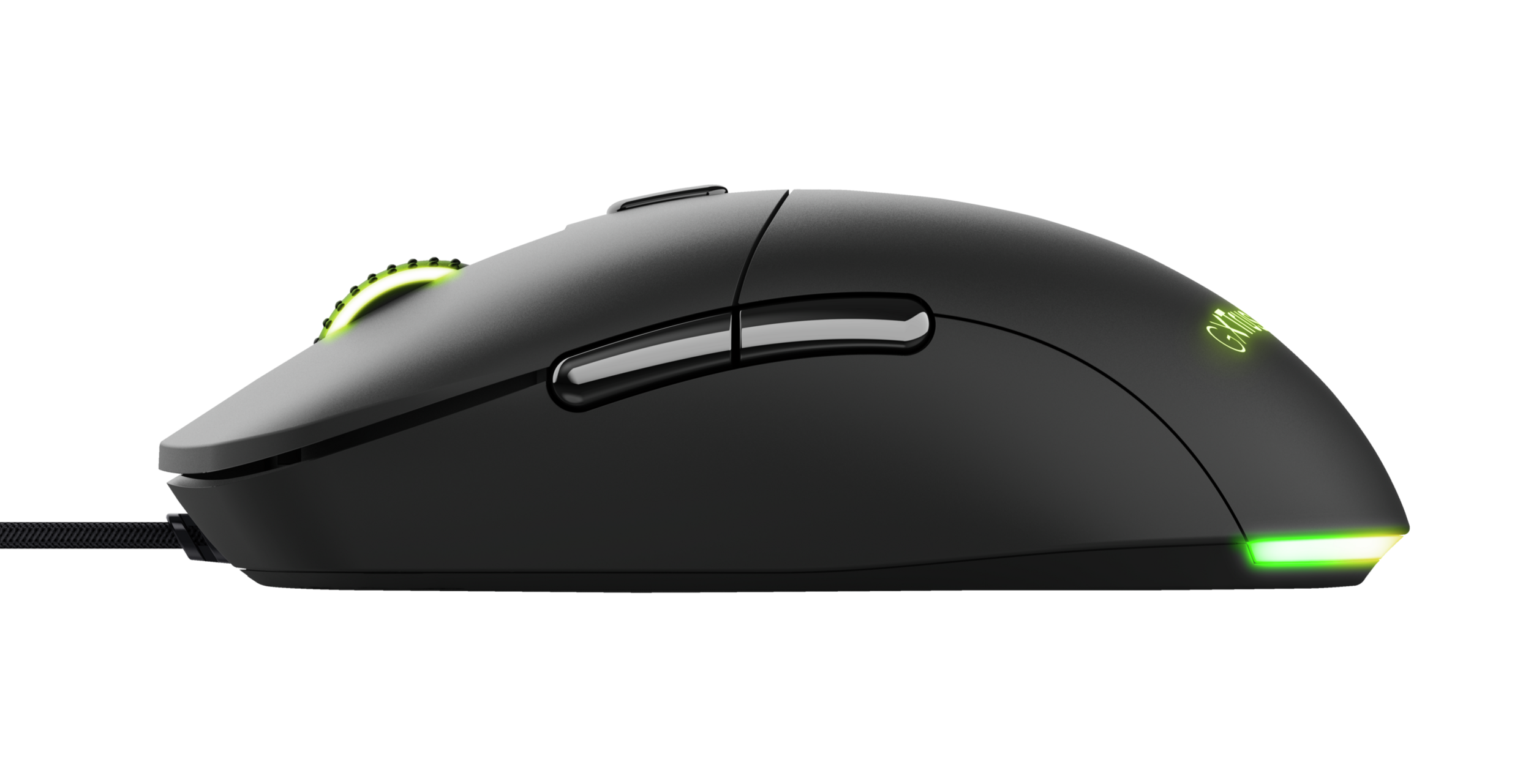 Black gaming mouse on a black background with green lights.