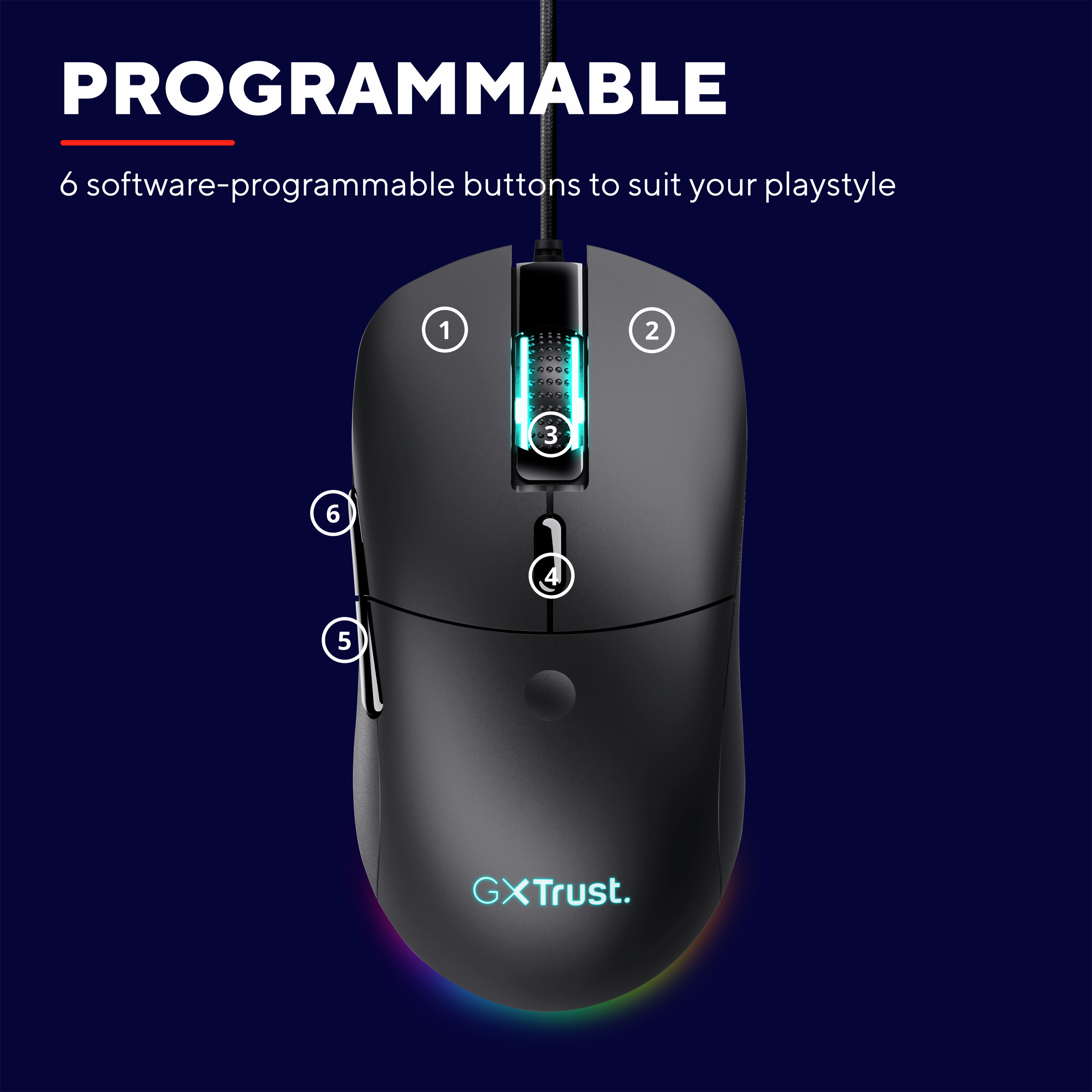A black computer mouse with numbered buttons. It has a glowing RGB light at the bottom.