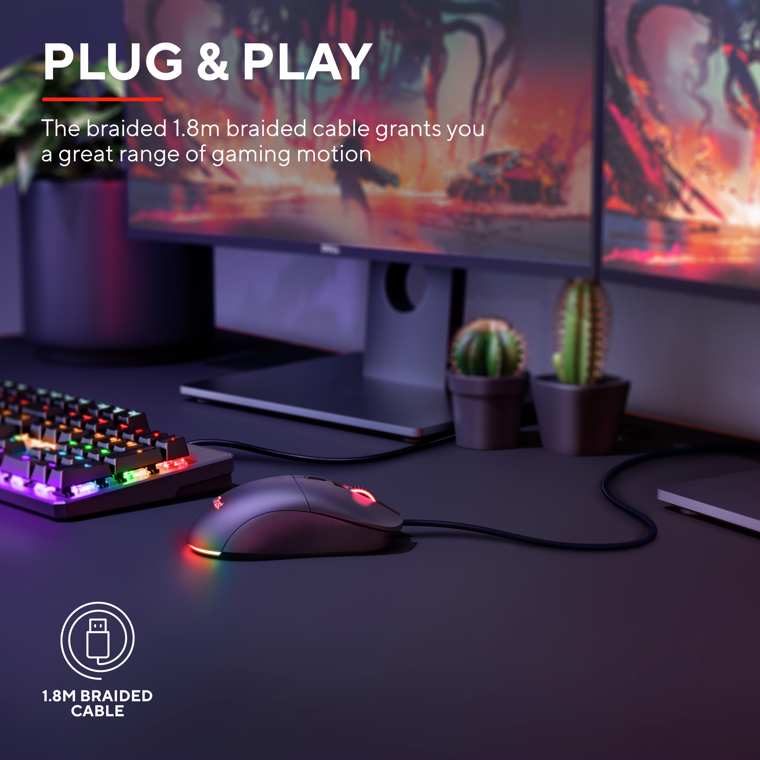 Gaming setup featuring a mouse with RGB lights, keyboard, and two monitors.