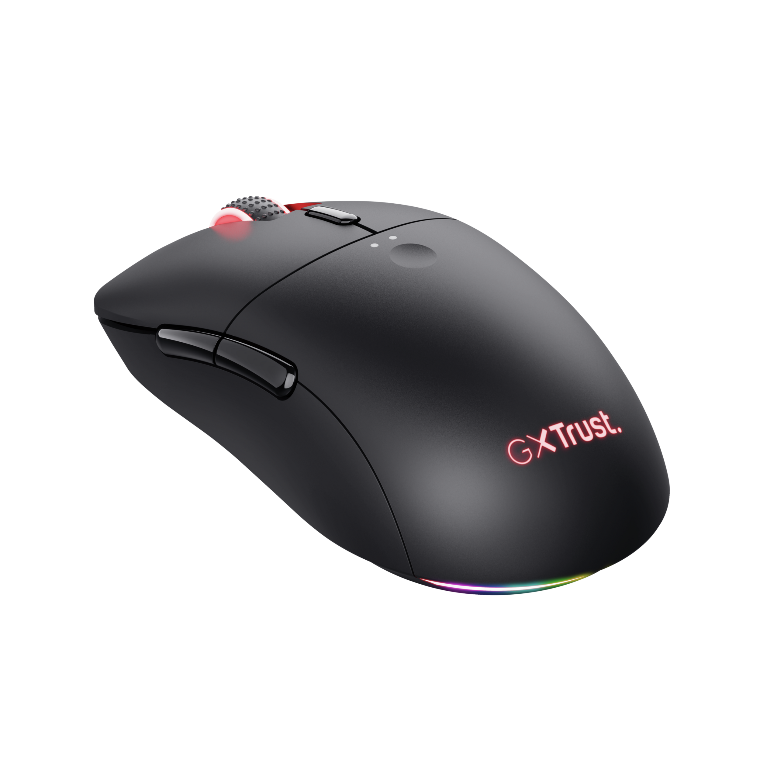 Zwarte gamingmuis met rode en regenbooglichten. Zwarte achtergrond.