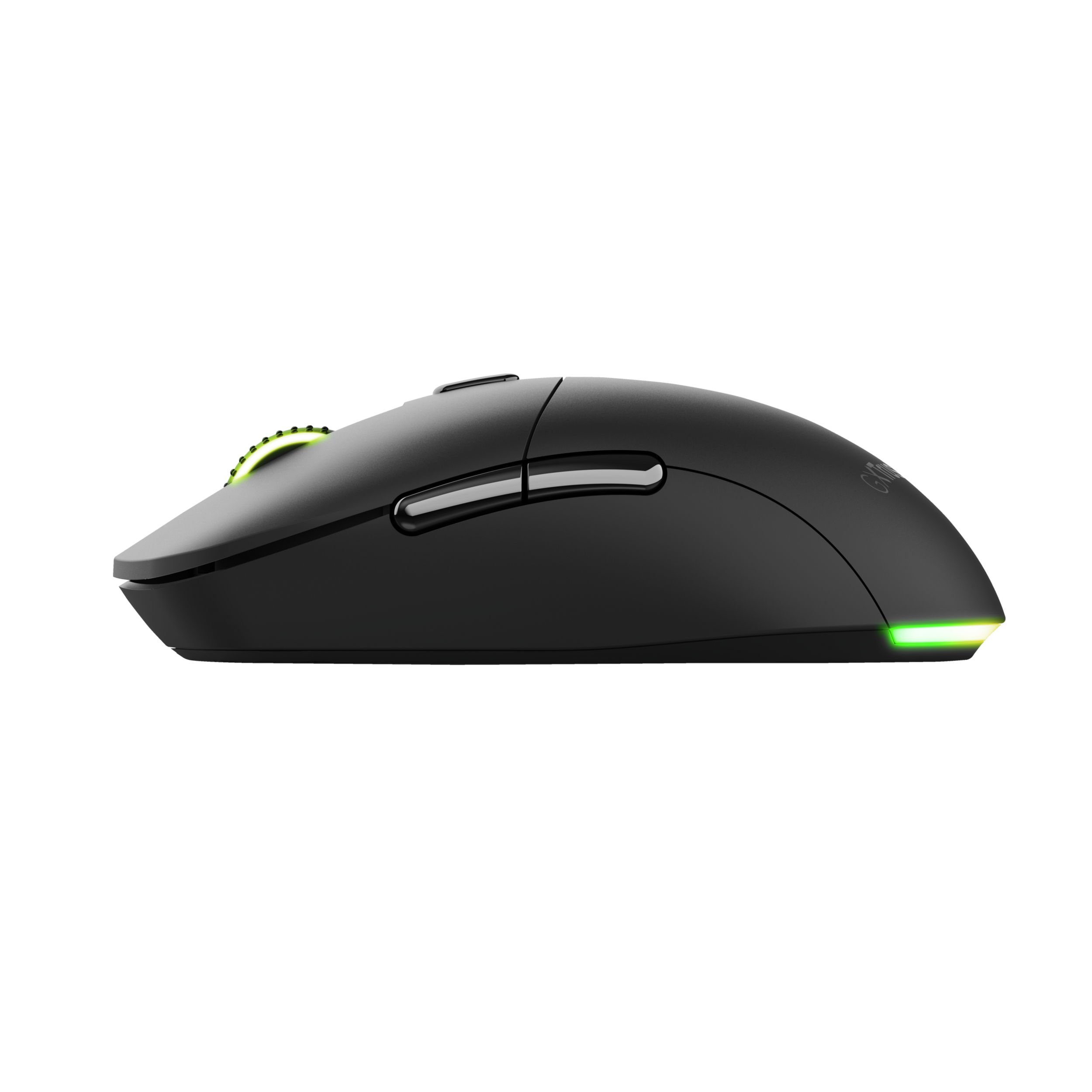Zwarte muis, zijaanzicht, met RGB-verlichting op de randen.