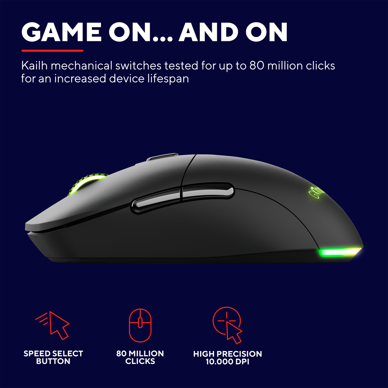Een zwarte gamingmuis met groene en gele lichten. De afbeelding bevat tekst over functies.