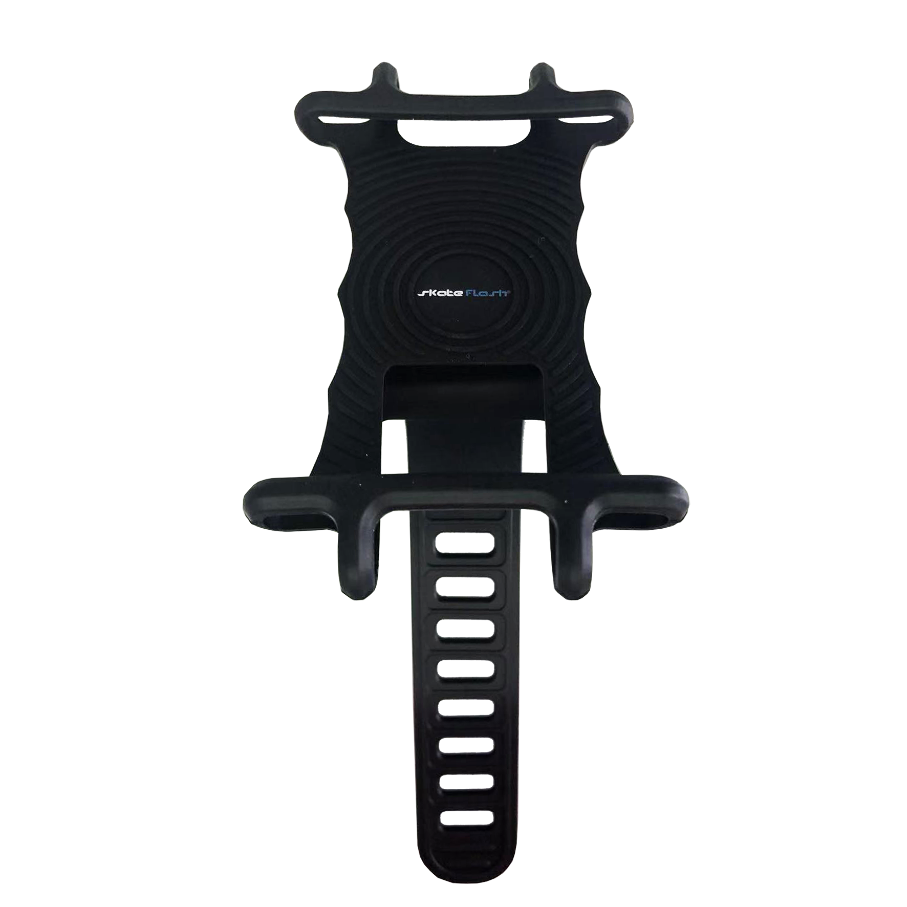 Soporte negro para teléfono para bicicleta, con correa y diseño de agarre.