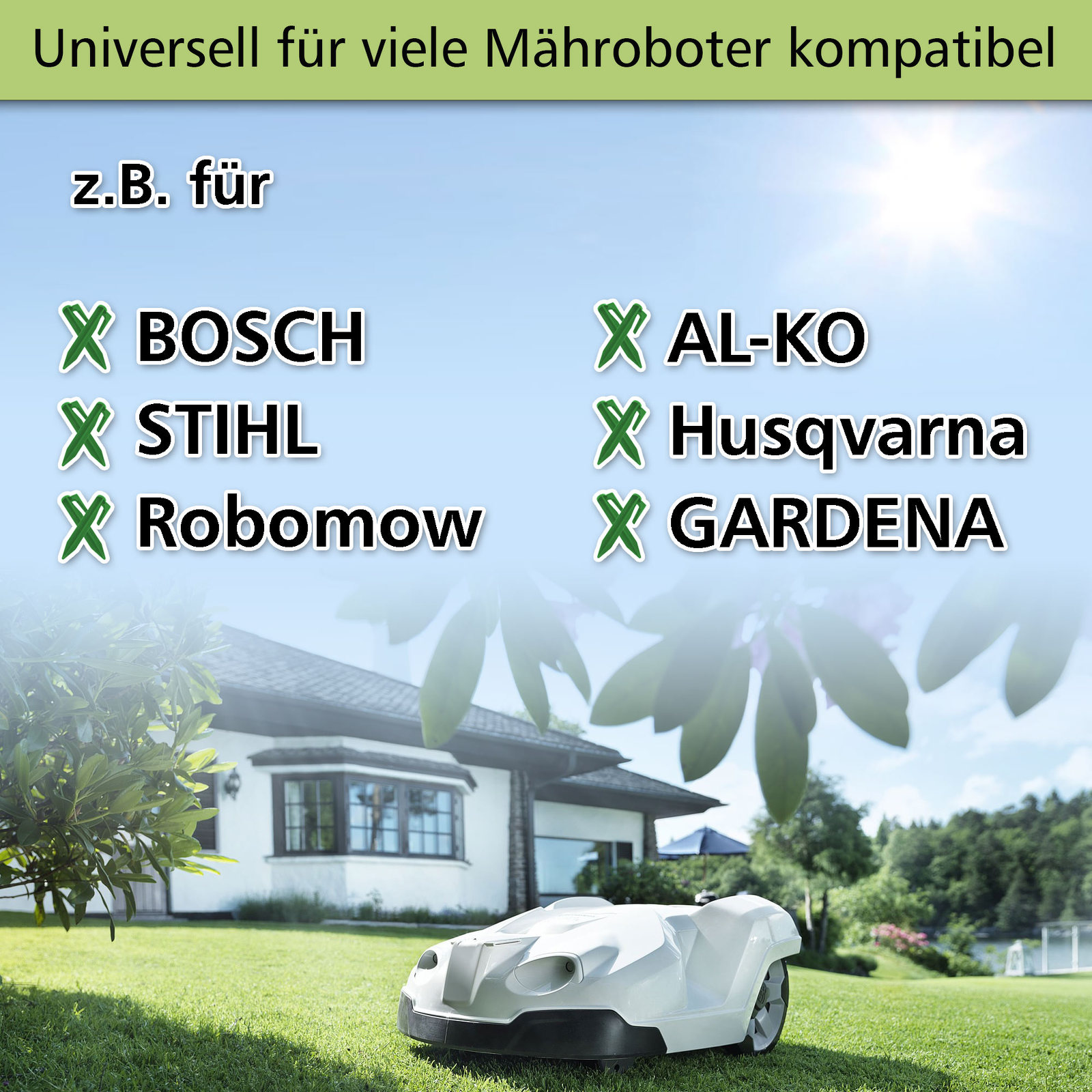 Mähroboter vor einem Haus, mit Markenlogos kompatibler Hersteller.