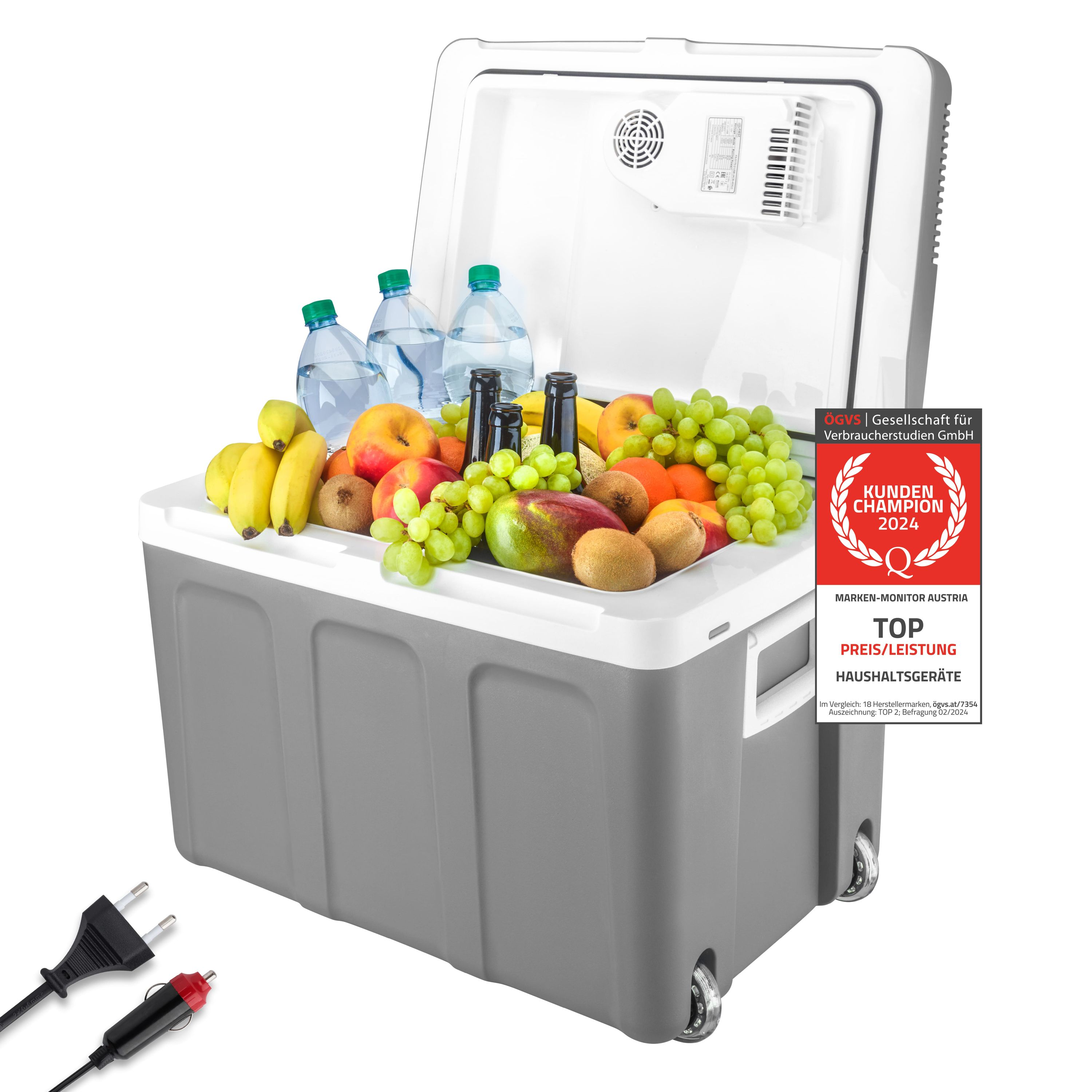 Kühltruhe gefüllt mit Obst, Wasserflaschen und Lebensmitteln. Räder, Griff und Netzkabel sichtbar.