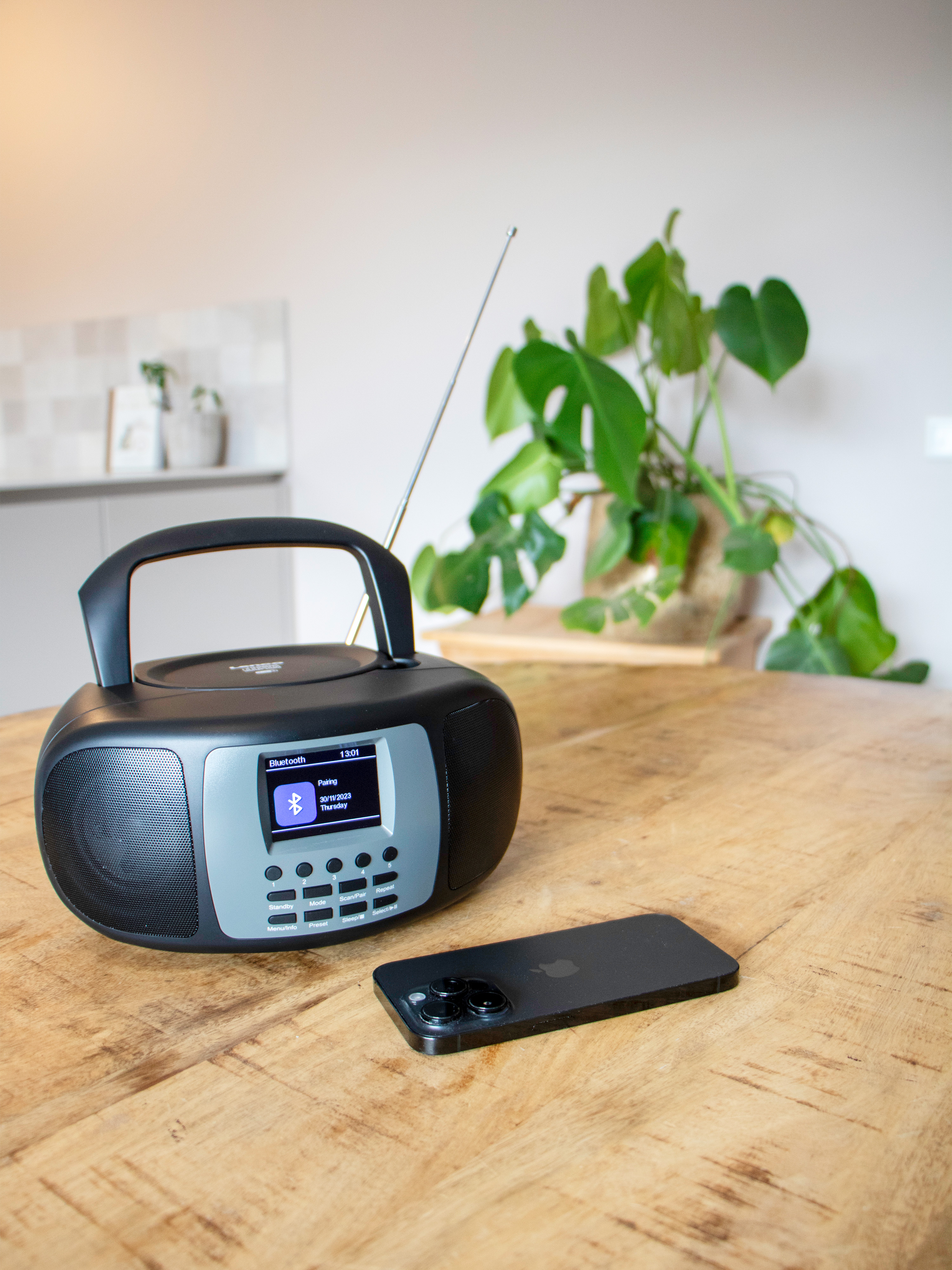 A black radio, a black phone, and a plant on a wooden table.