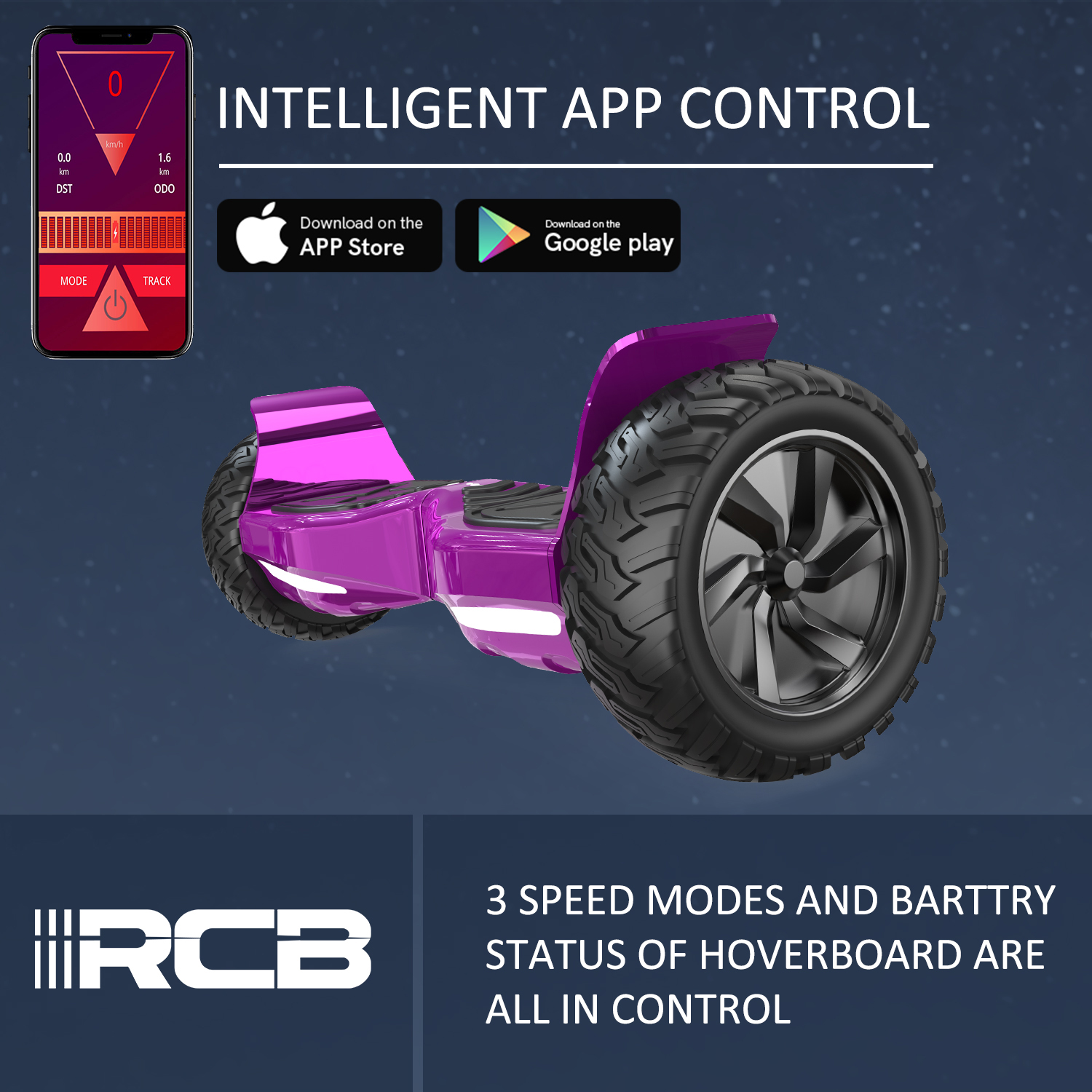 Hoverboard morado con ruedas negras, información de control de la app y fondo estrellado.