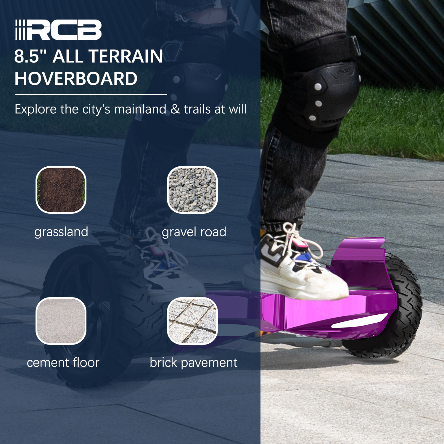 Persona en un hoverboard morado en un suelo de cemento, con etiquetas.