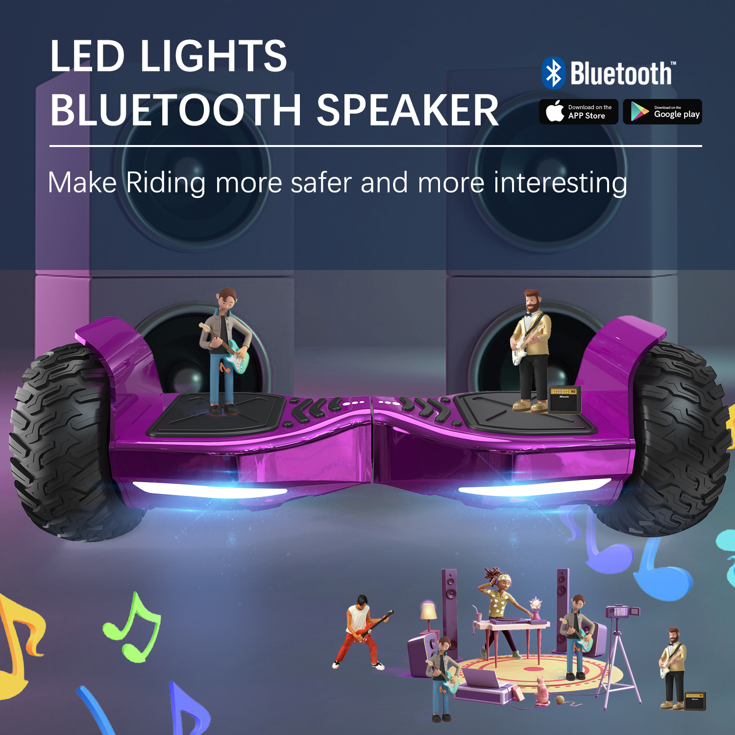 Hoverboard morado con luces LED y altavoz Bluetooth. Gente tocando música en el fondo.
