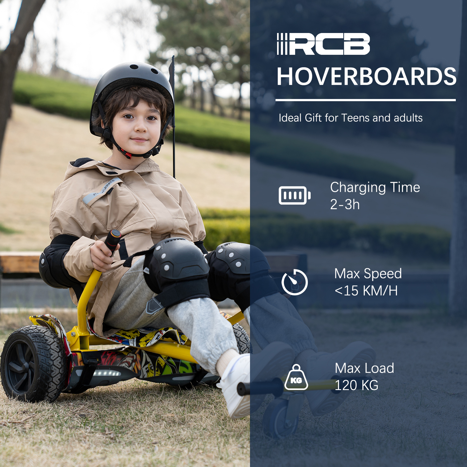 Un niño en un kart similar a un hoverboard. Con casco y equipo de seguridad.