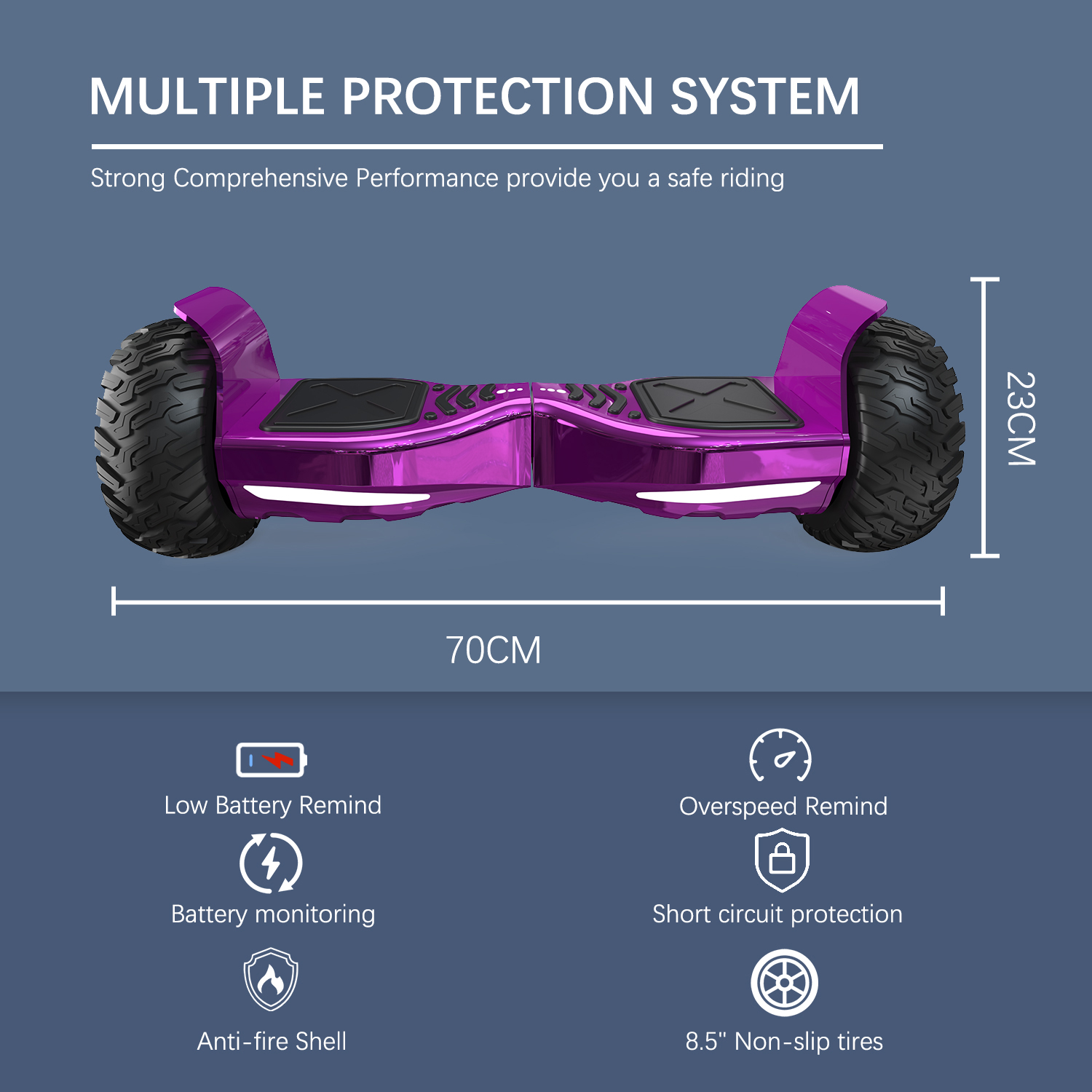 Hoverboard morado con neumáticos negros. Cuenta con iconos de seguridad y dimensiones.