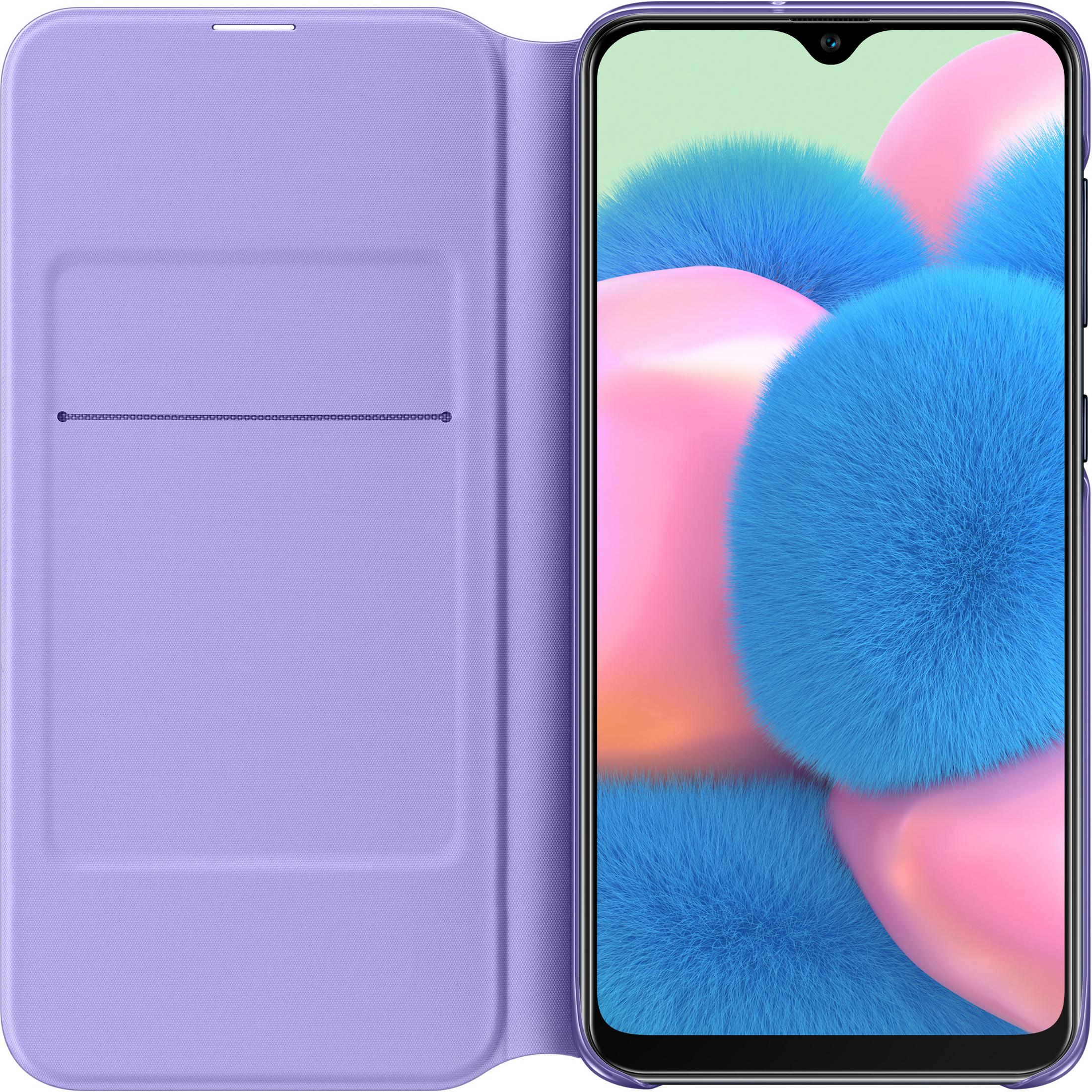 Una custodia per telefono lilla con un telefono all'interno. Lo schermo del telefono mostra un'immagine blu e rosa soffice.