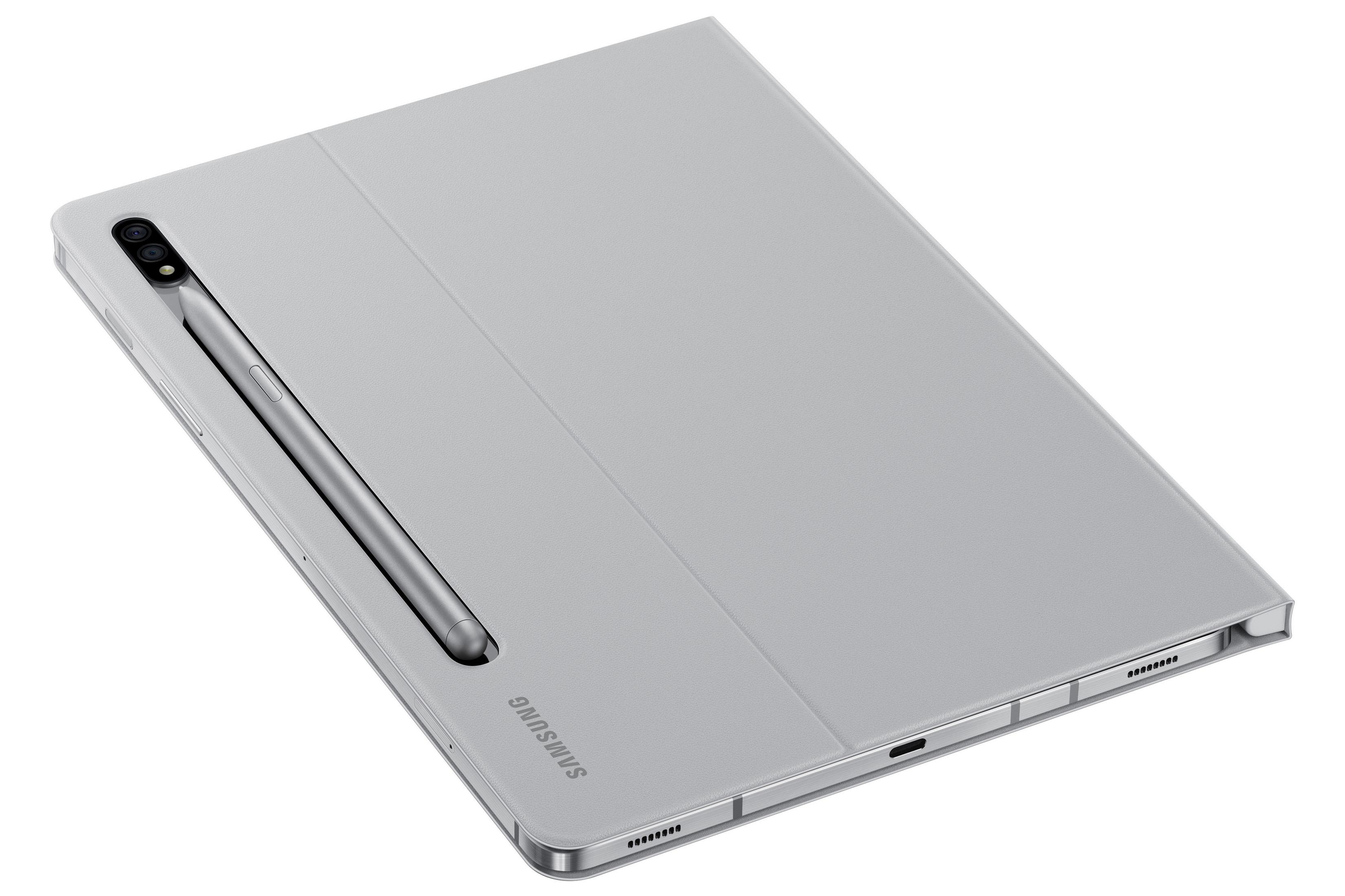 Ein graues Tablet mit einem Stift. Das Samsung-Logo ist sichtbar.