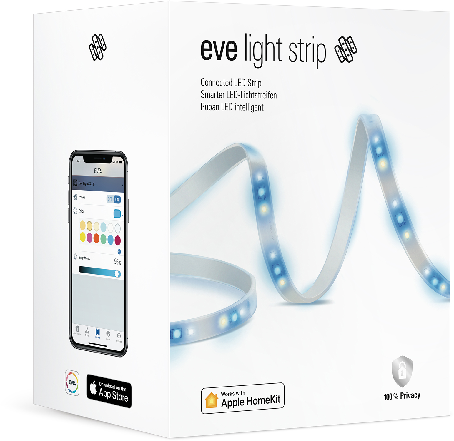 Scatola per la striscia luminosa Eve, con un telefono che mostra l'app e la striscia luminosa.