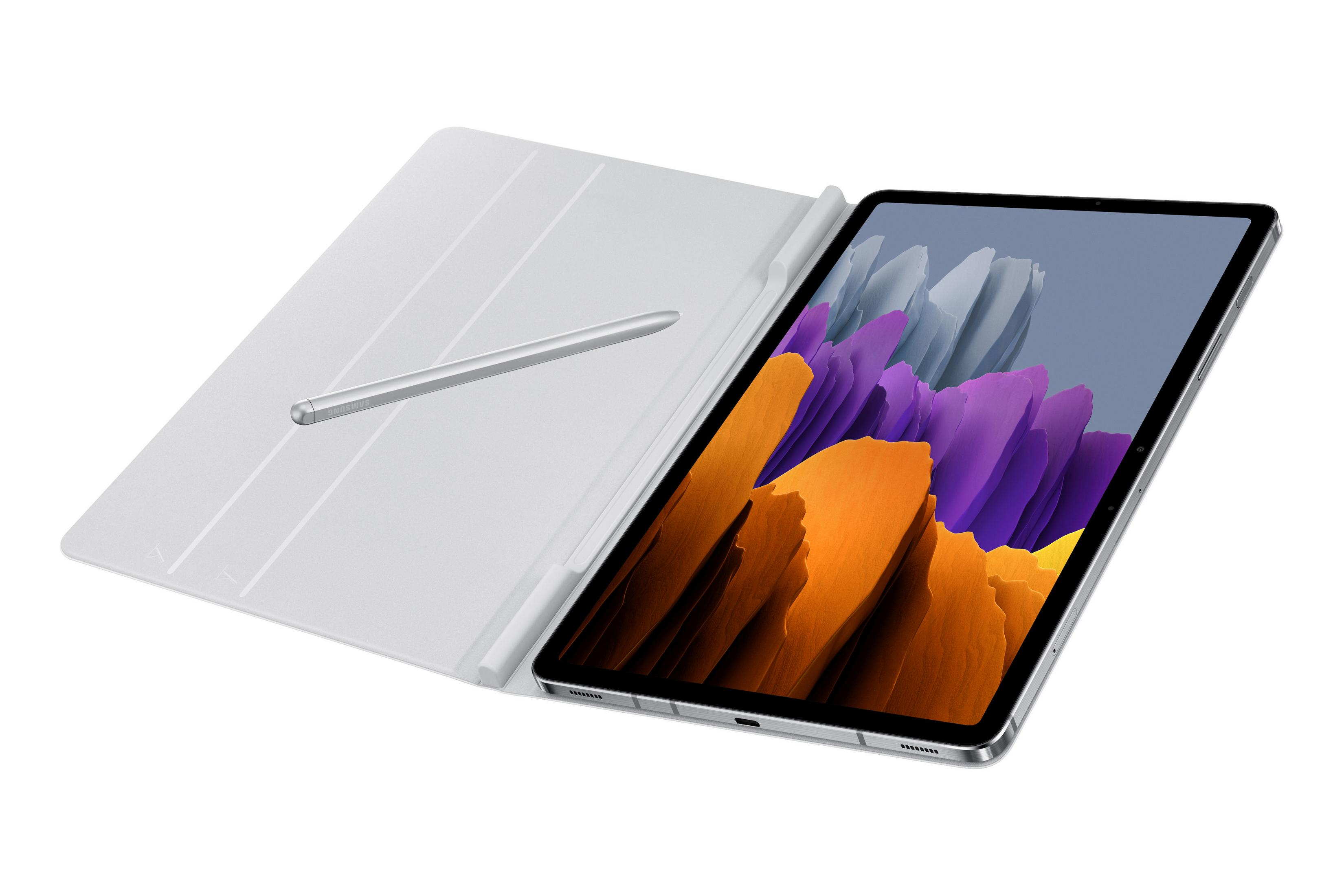 Ein silbernes Tablet mit weißer Hülle und einem Stift. Der Bildschirm zeigt ein abstraktes Bild.