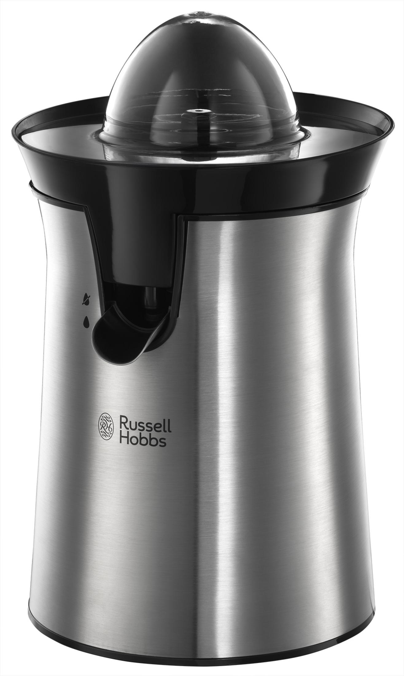 Spremiagrumi in acciaio inox con parte superiore nera e logo Russell Hobbs.