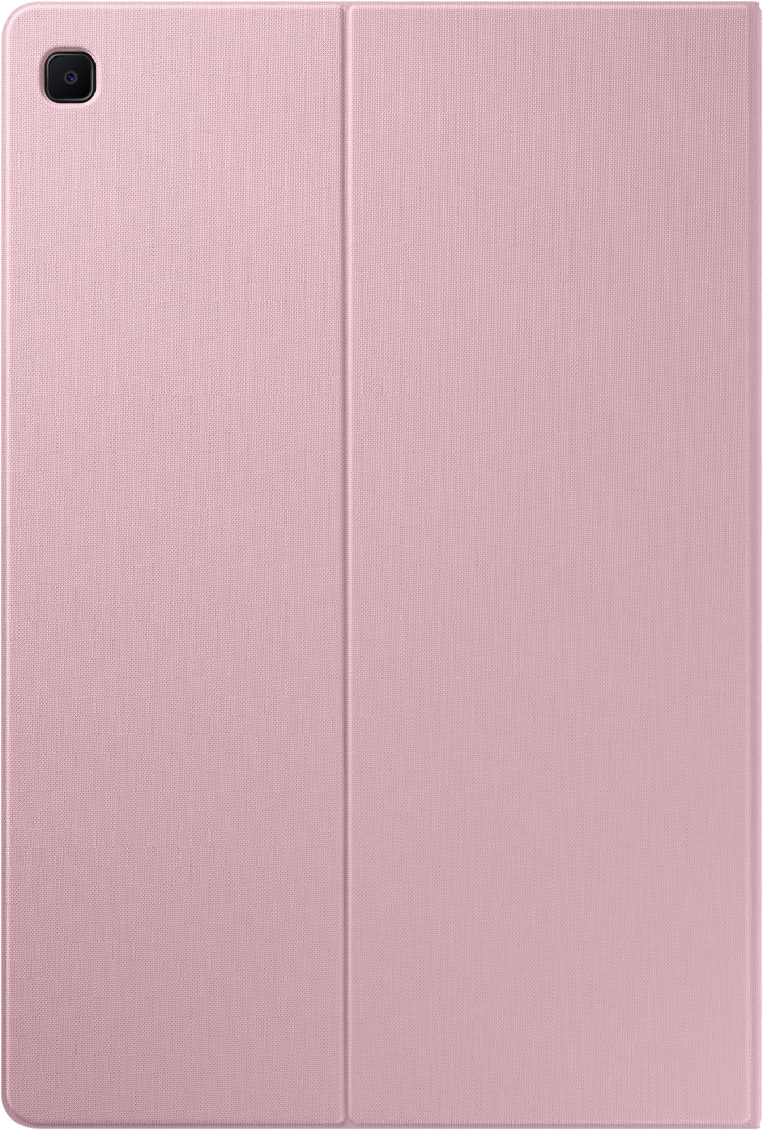 Una funda de tableta rosa, cerrada, con un recorte de cámara y una superficie texturizada.