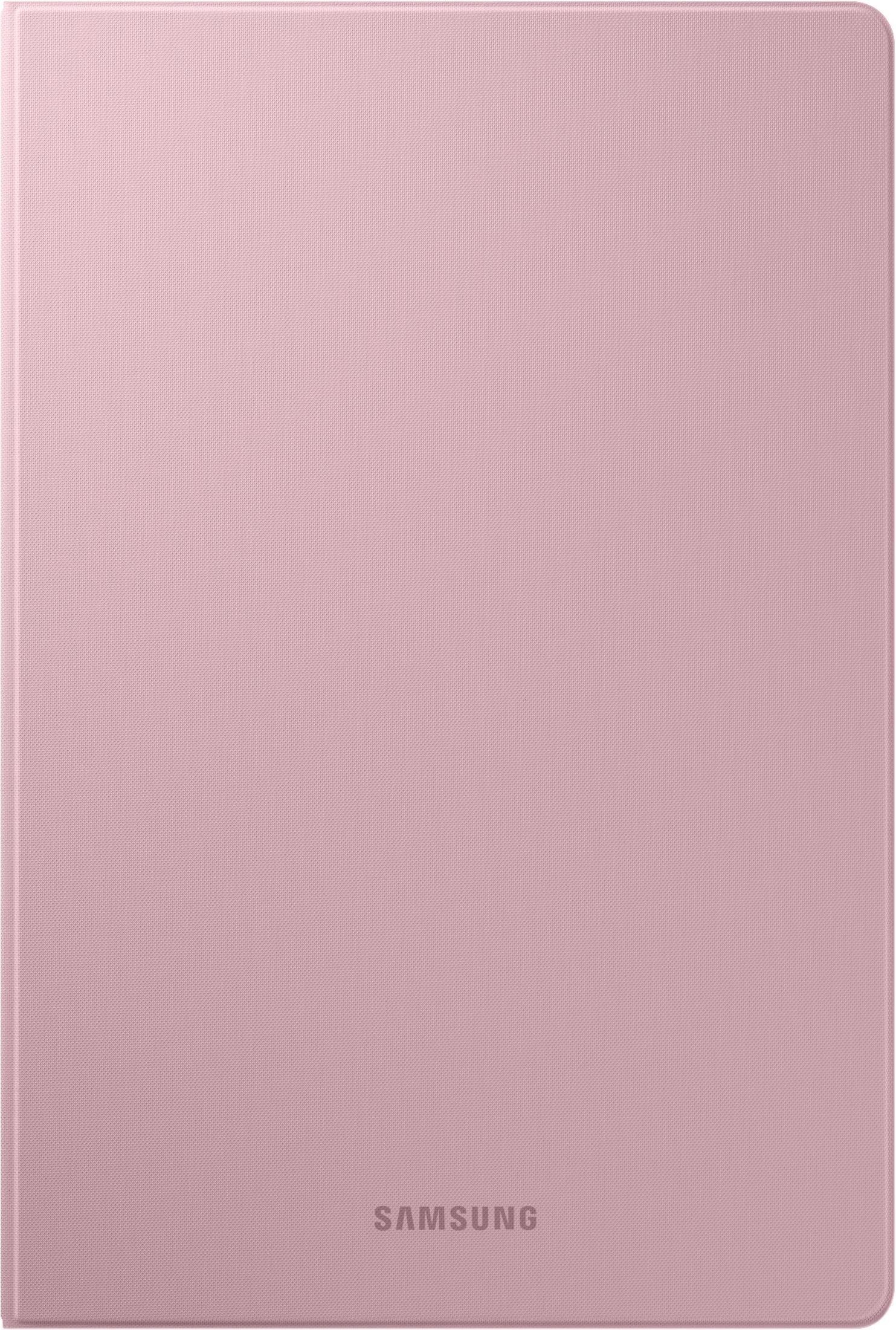 Funda rosa para tableta. La funda está cerrada y tiene el logotipo de Samsung. Fondo blanco.