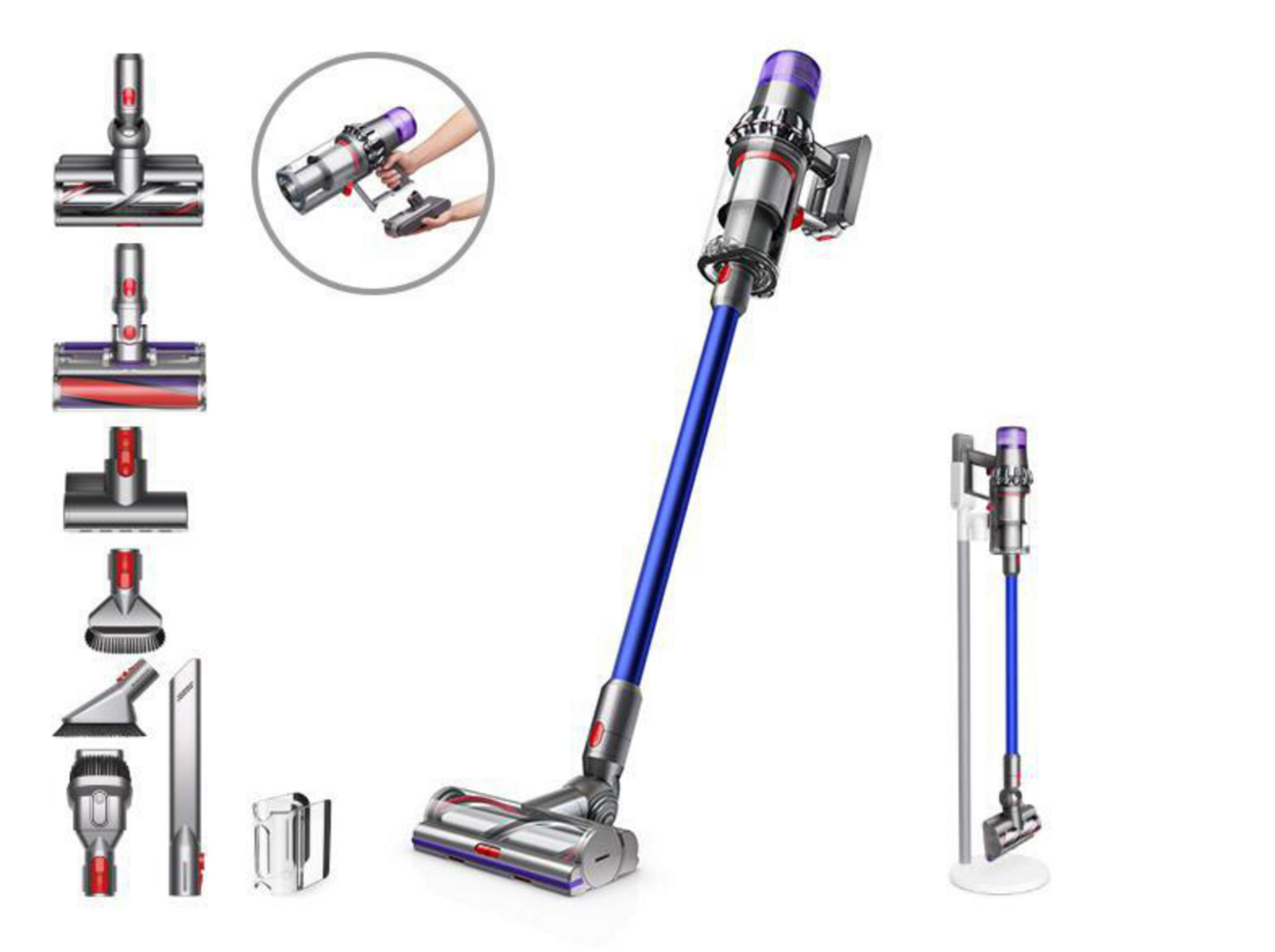 Drahtloser Dyson-Staubsauger. Verschiedene Aufsätze sind sichtbar. Weißer Hintergrund.