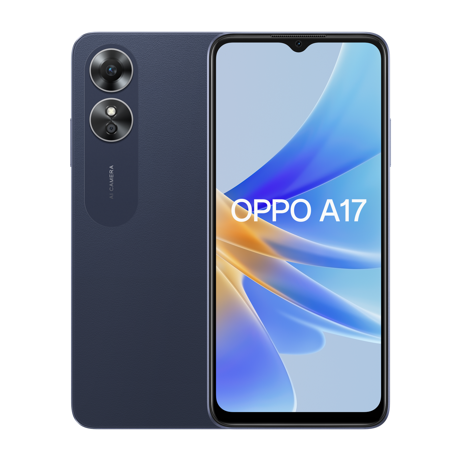 Teléfono azul oscuro con pantalla colorida y dos cámaras en la parte trasera.