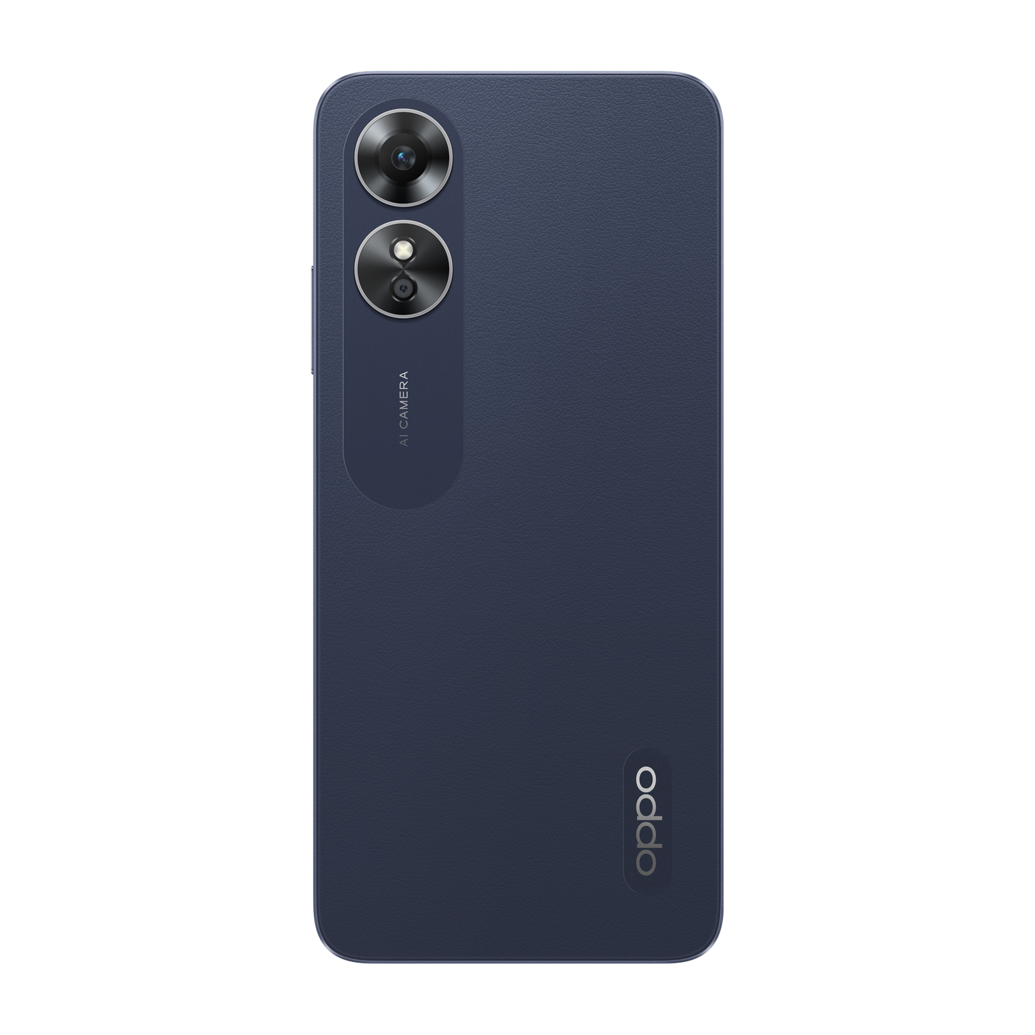 Parte trasera de teléfono azul con dos cámaras y el logotipo de Oppo.