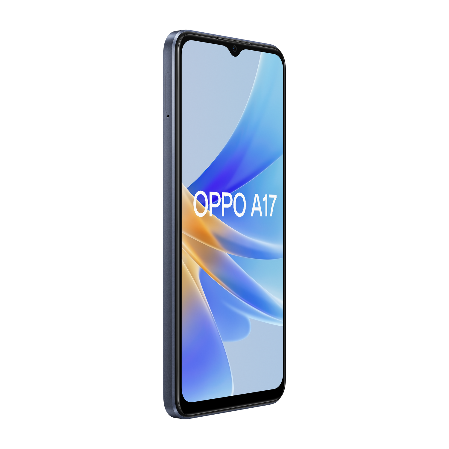 Smartphone OPPO A17 en color oscuro. La pantalla muestra un diseño colorido.