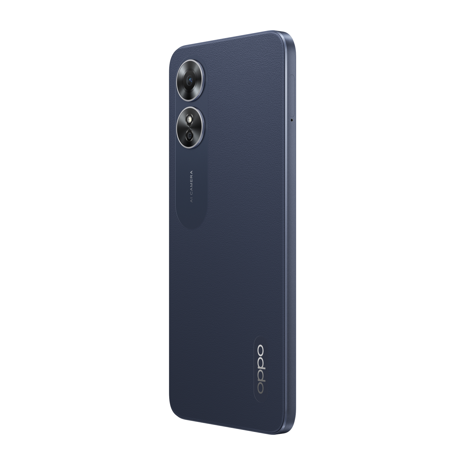 Un smartphone OPPO azul oscuro visto de lado, mostrando dos lentes de cámara y el logotipo de OPPO.