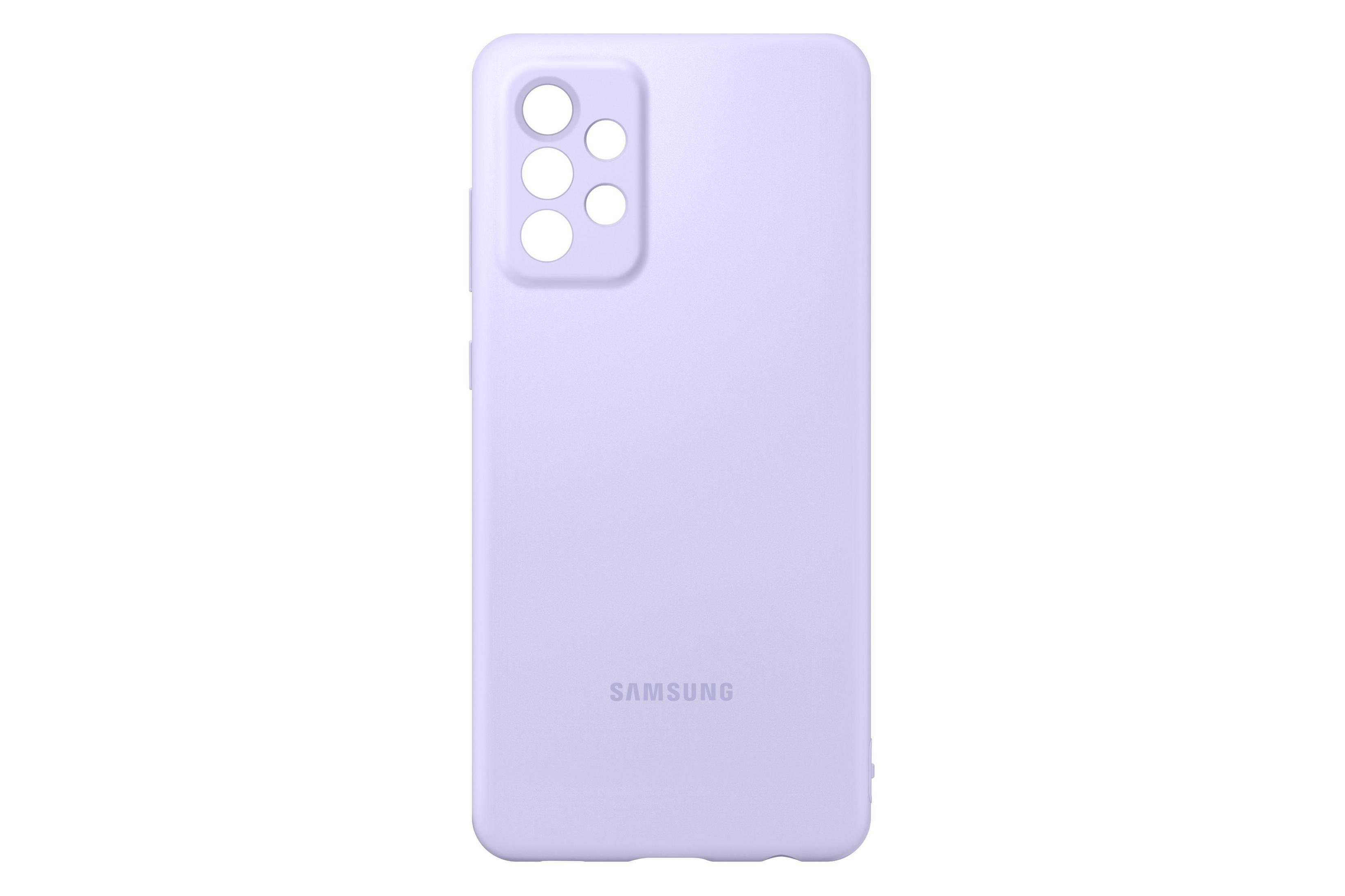 Eine lila Handyhülle. Sie hat Löcher für die Kameras, und das Samsung-Logo ist unten. Weißer Hintergrund.